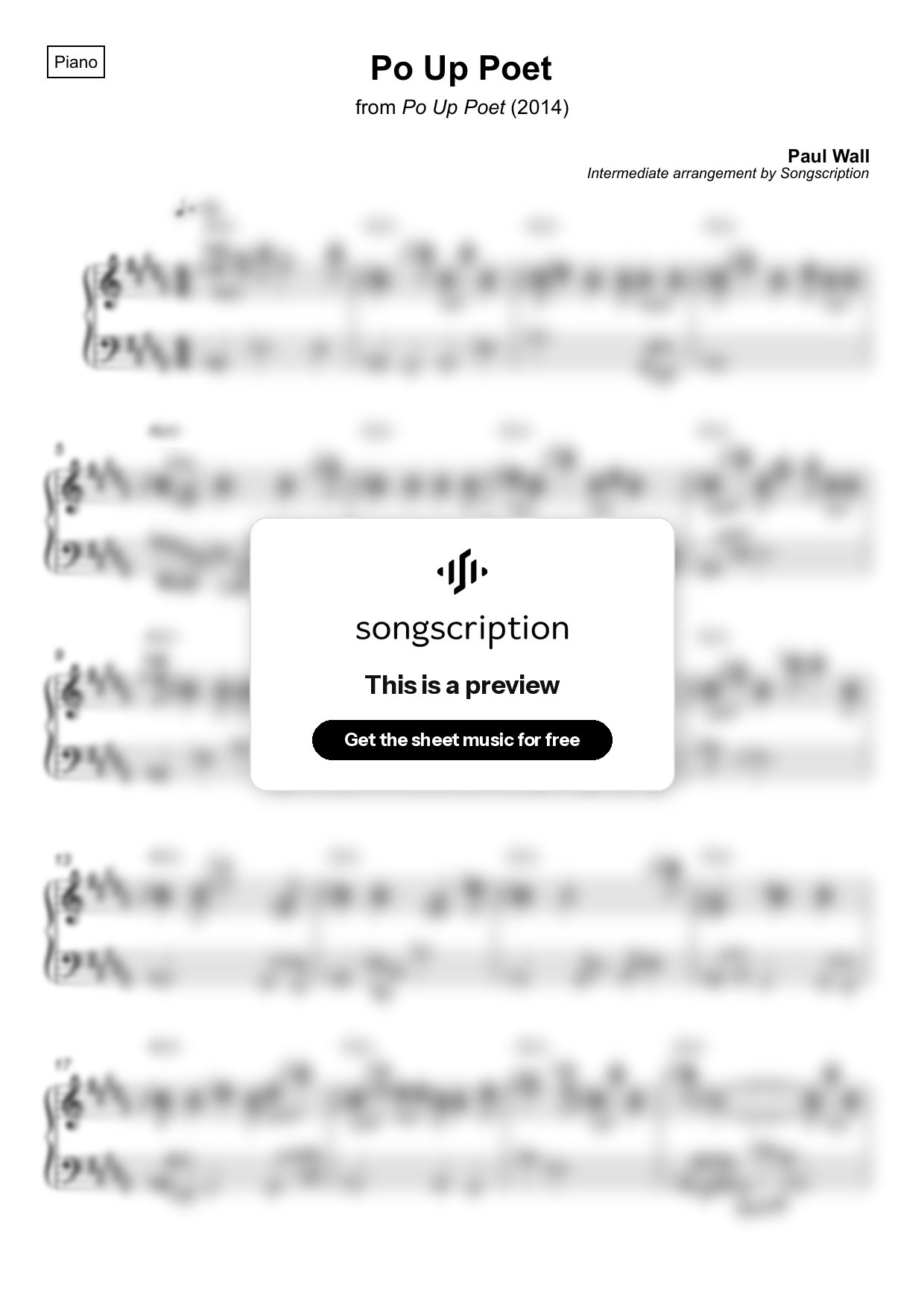 Intermediate Piano Sheet Music for "Po Up Poet" by Paul Wall