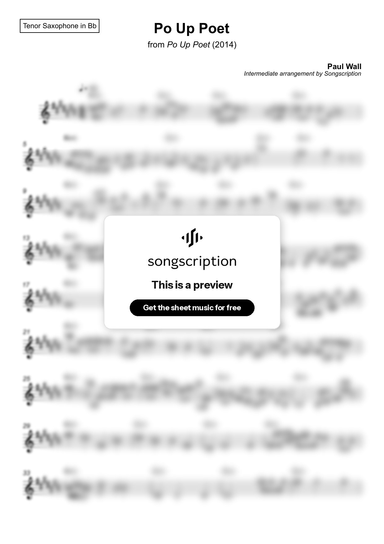 Intermediate Tenor Sax Sheet Music for "Po Up Poet" by Paul Wall