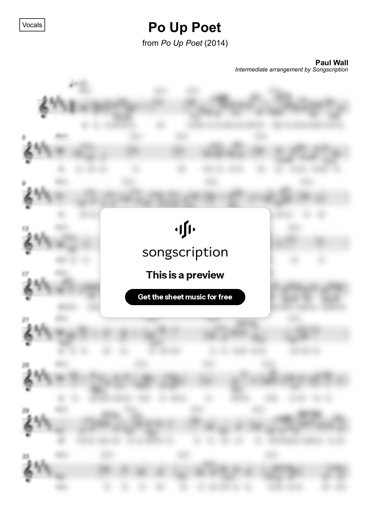 Intermediate Vocals Sheet Music for "Po Up Poet" by Paul Wall