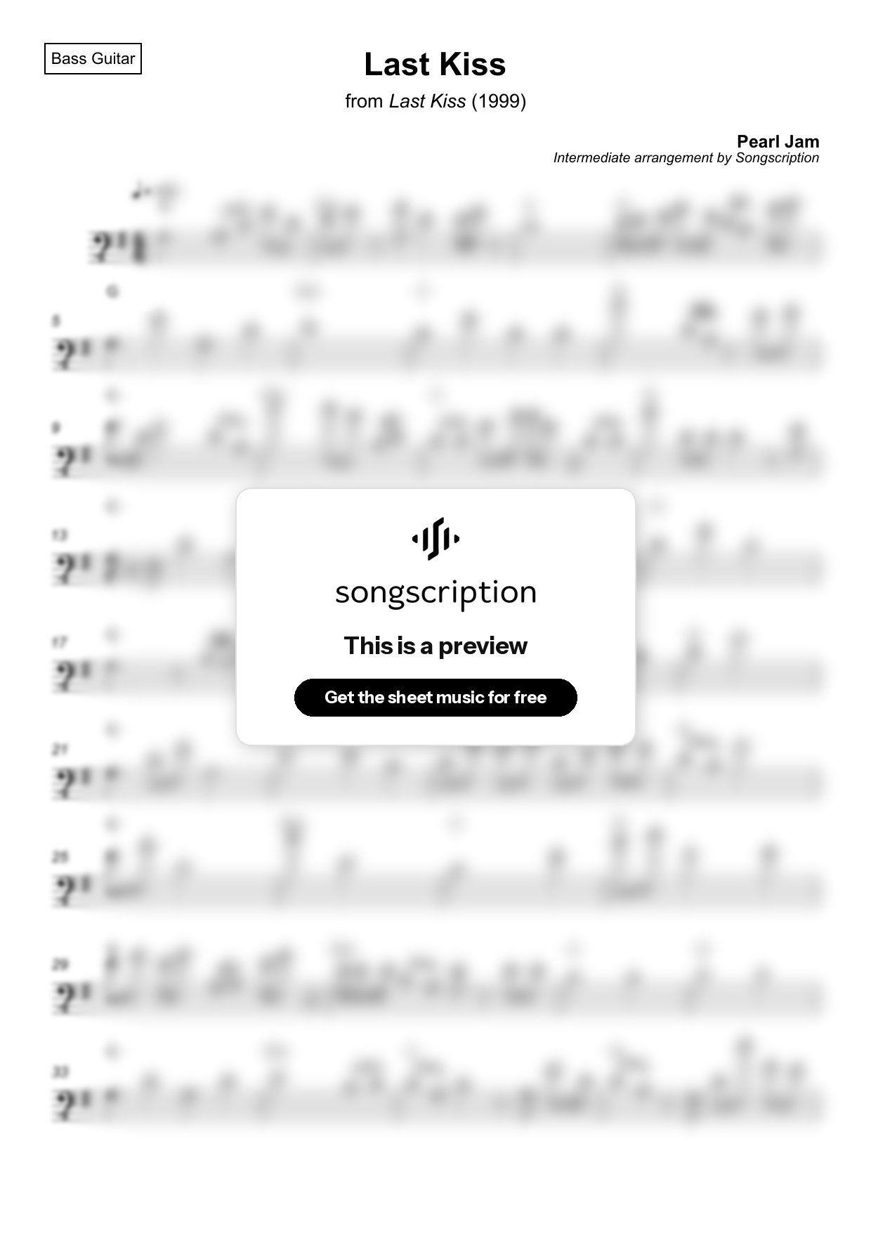 Intermediate Bass Guitar Sheet Music for "Last Kiss" by Pearl Jam