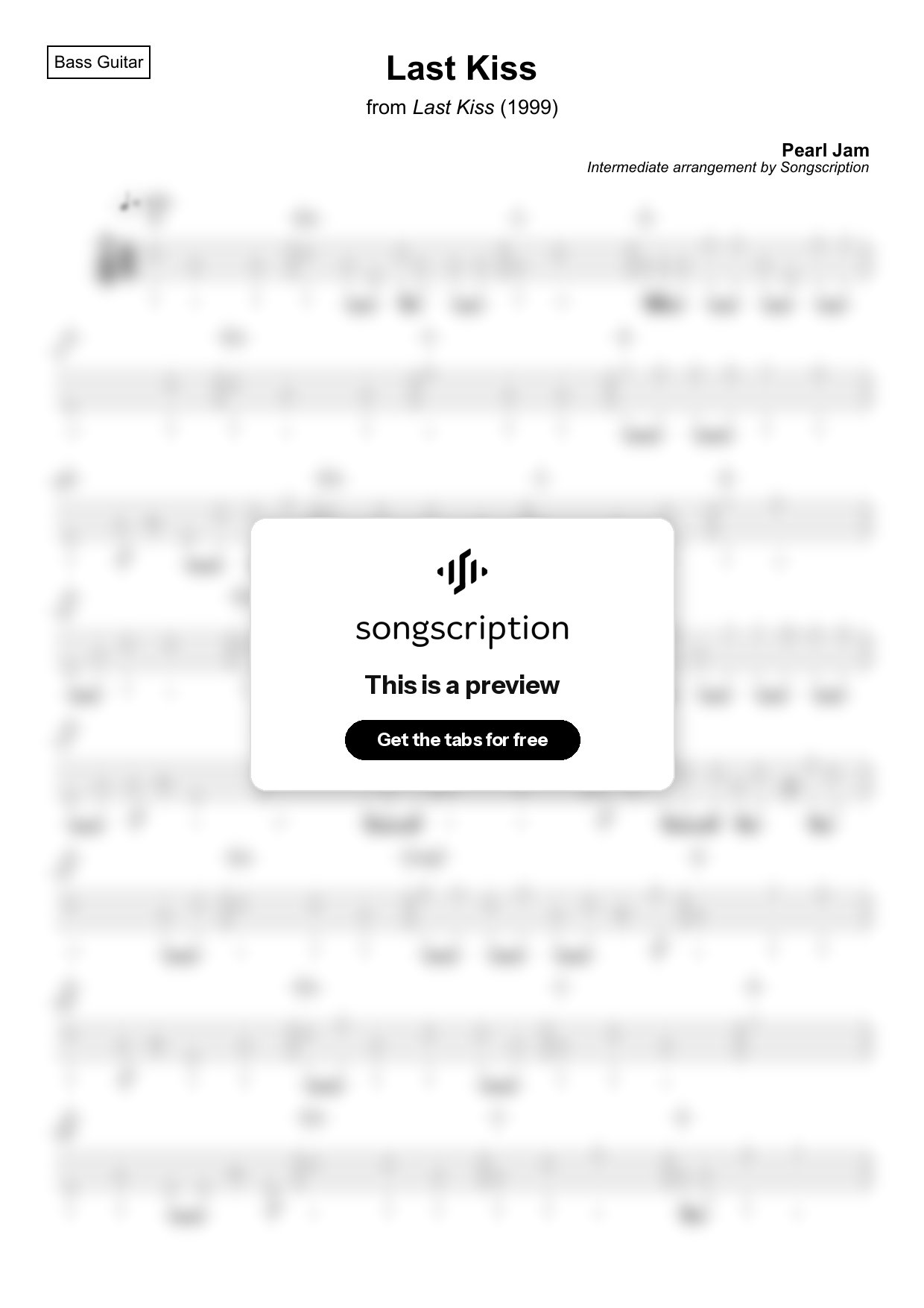 Intermediate Bass Guitar Tabs for "Last Kiss" by Pearl Jam