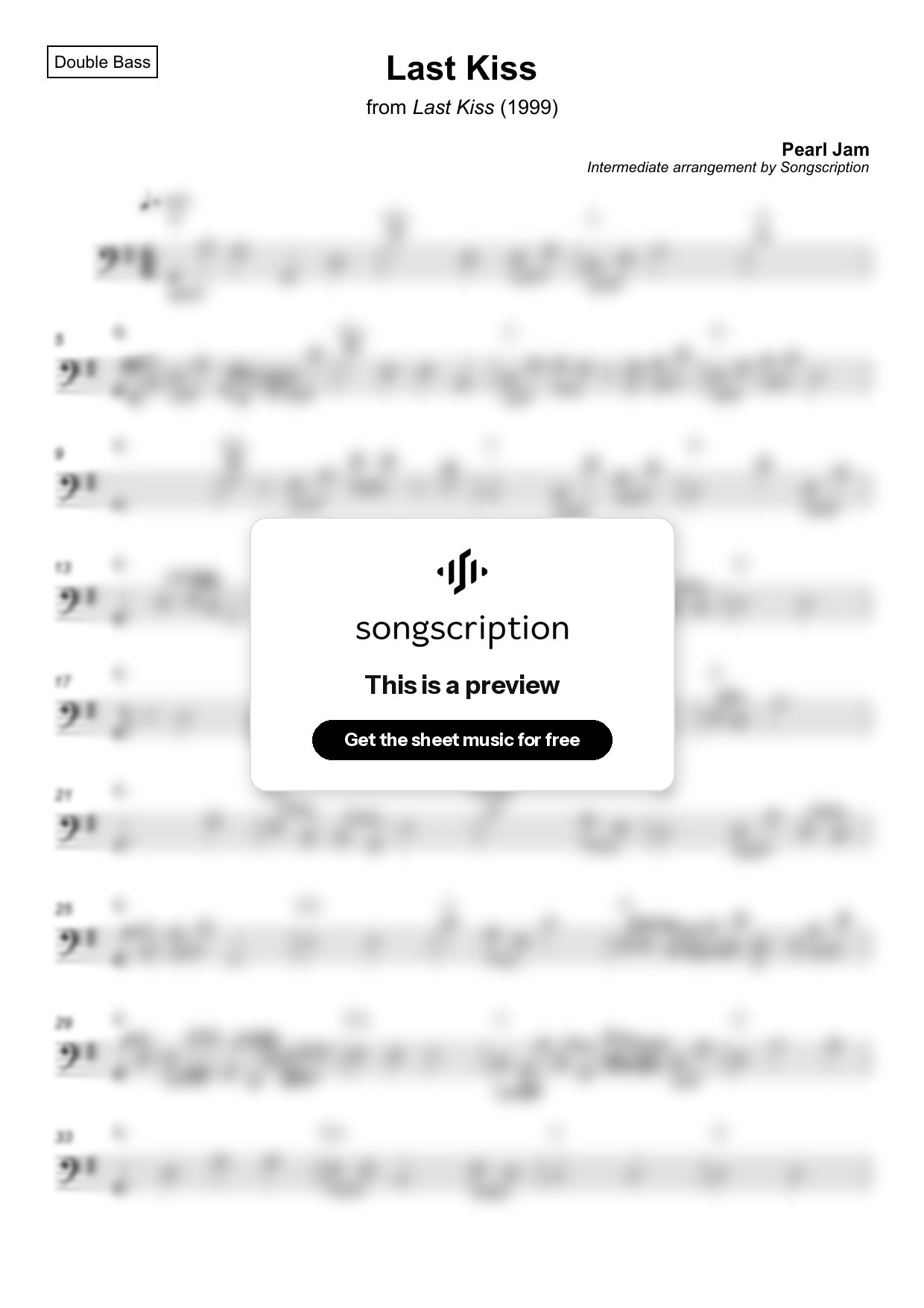 Intermediate Double Bass Sheet Music for "Last Kiss" by Pearl Jam
