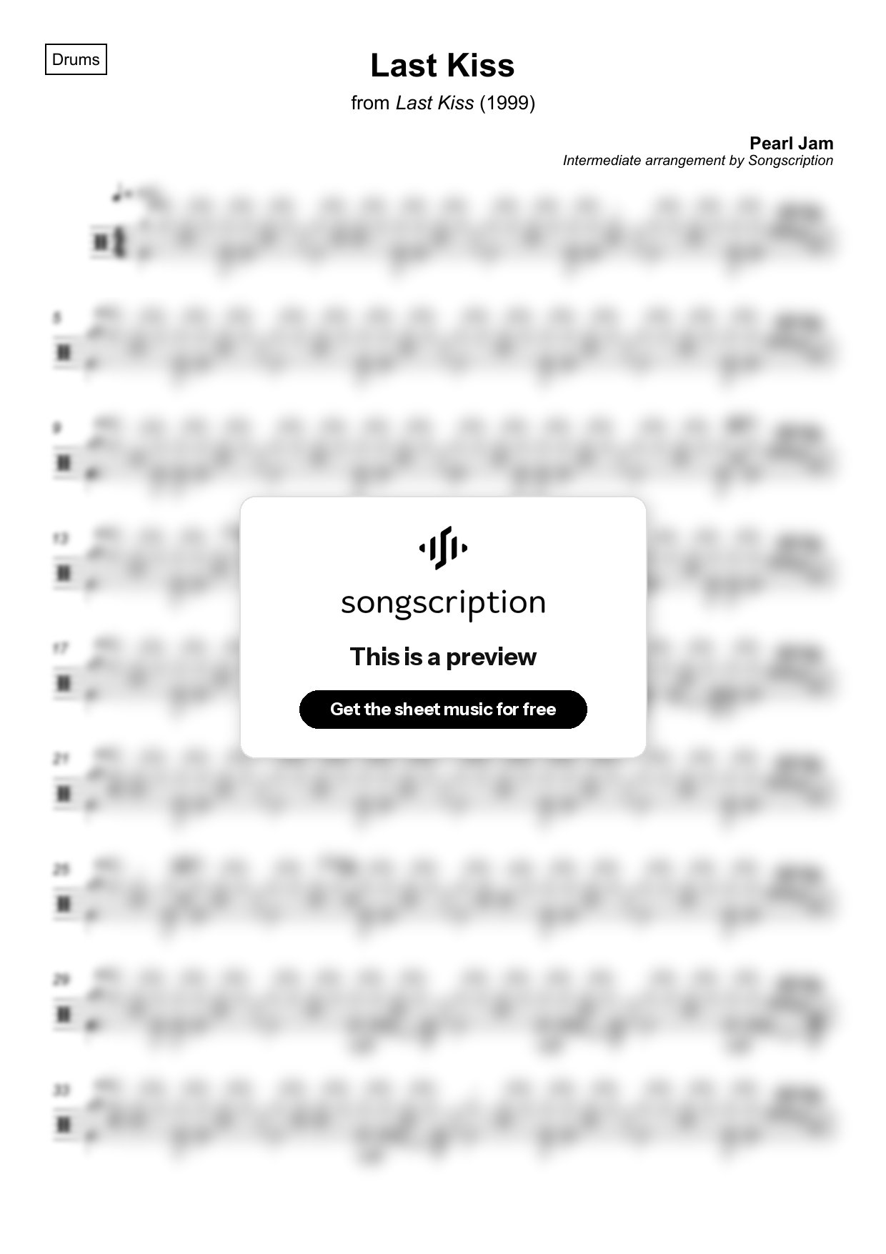 Intermediate Drums Sheet Music for "Last Kiss" by Pearl Jam
