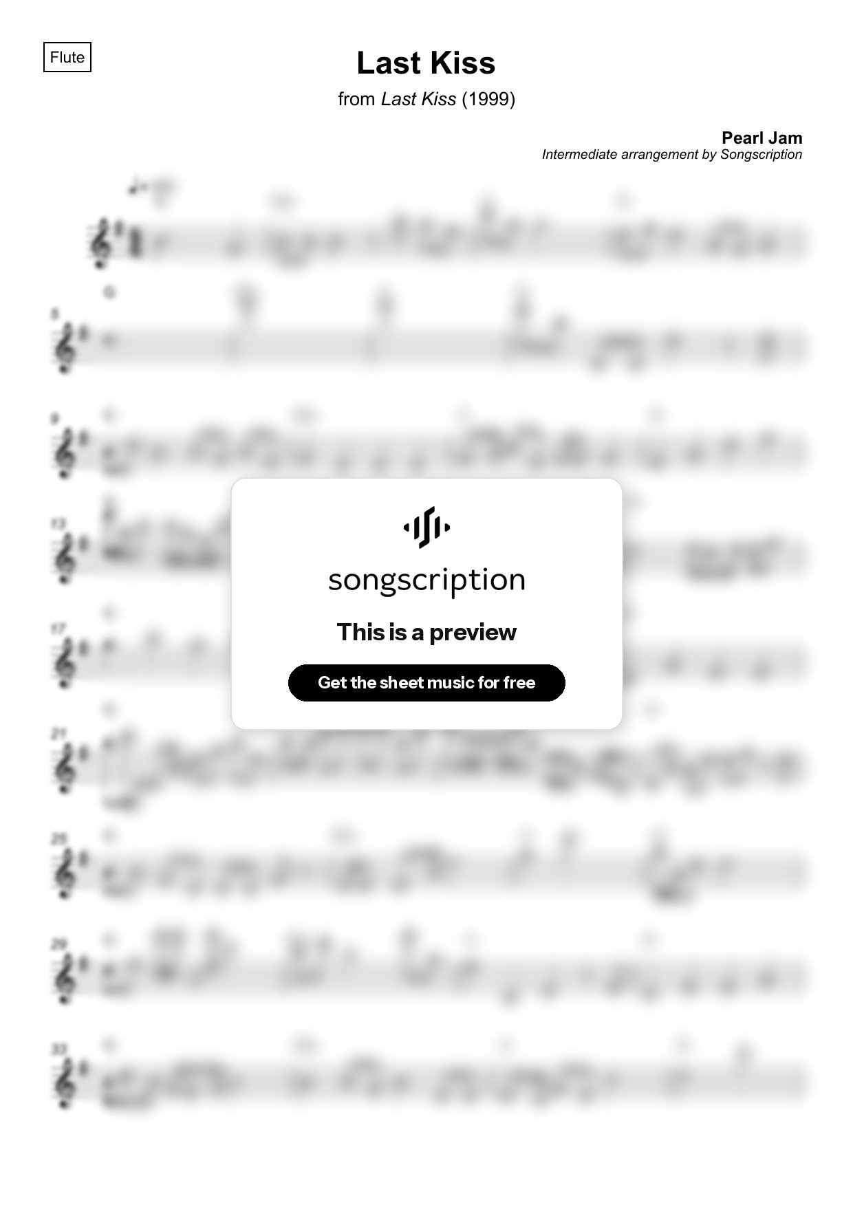 Intermediate Flute Sheet Music for "Last Kiss" by Pearl Jam