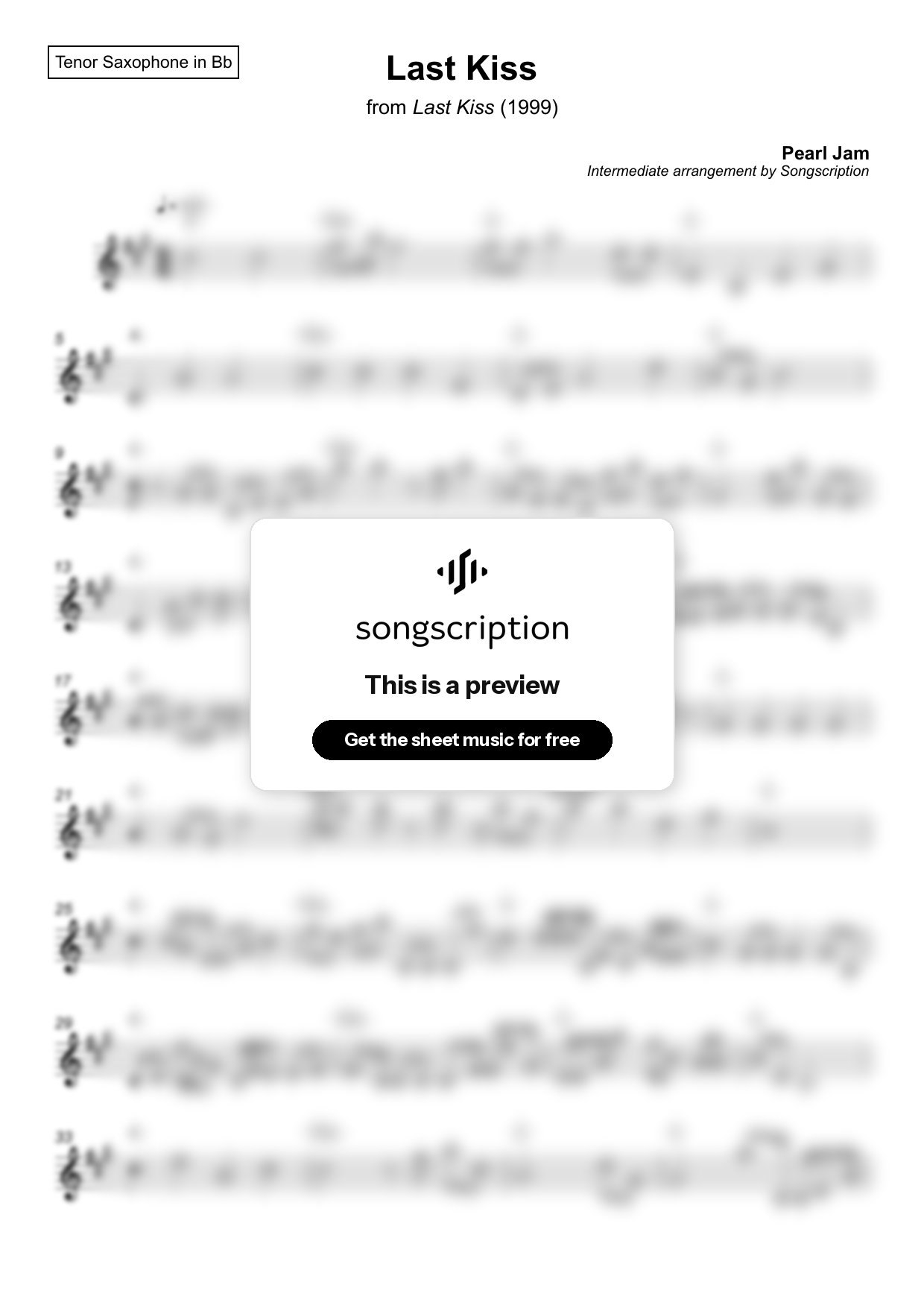 Intermediate Tenor Sax Sheet Music for "Last Kiss" by Pearl Jam