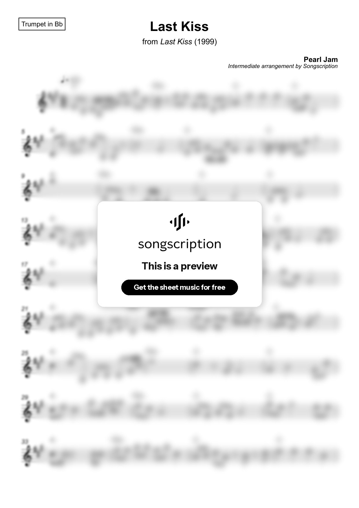 Intermediate Trumpet Sheet Music for "Last Kiss" by Pearl Jam