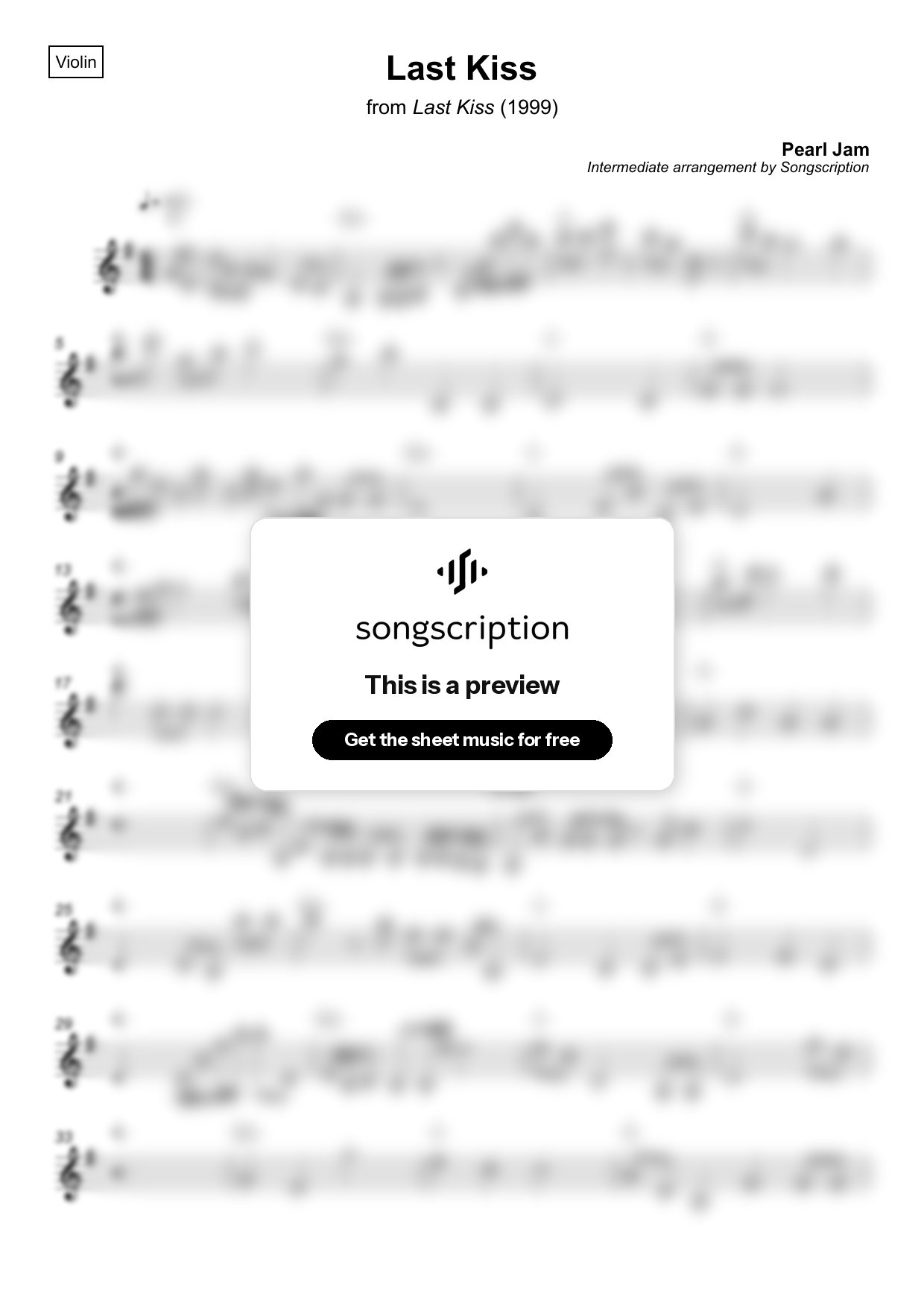 Intermediate Violin Sheet Music for "Last Kiss" by Pearl Jam