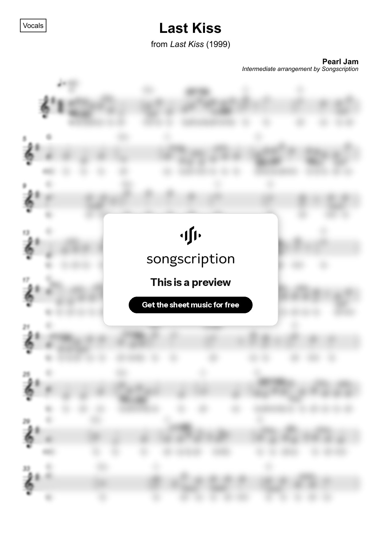 Intermediate Vocals Sheet Music for "Last Kiss" by Pearl Jam