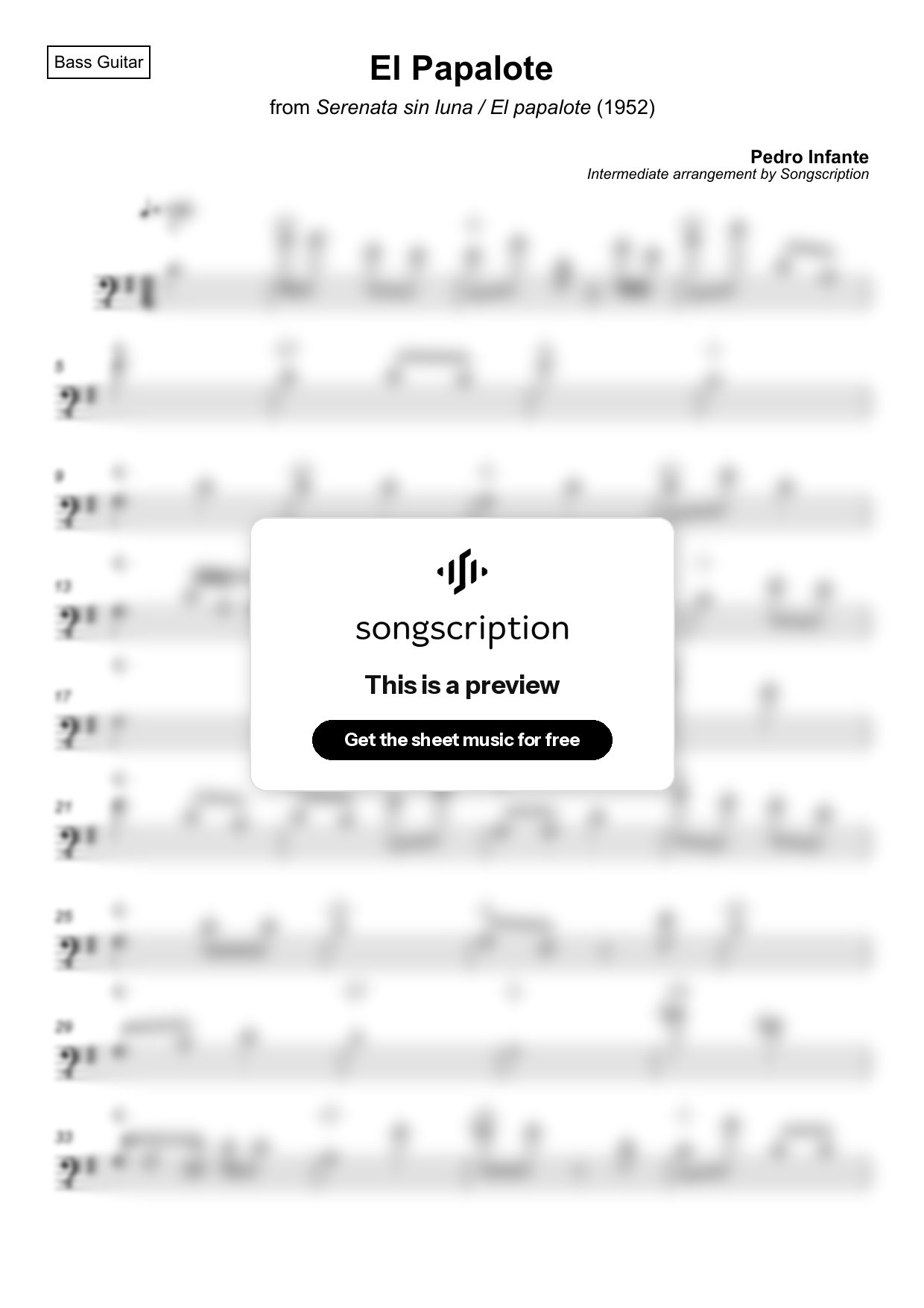 Intermediate Bass Guitar Sheet Music for "El Papalote" by Pedro Infante
