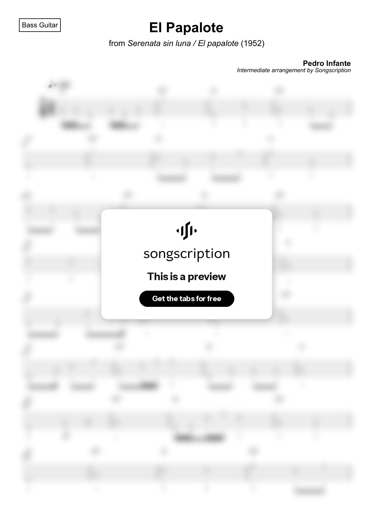 Intermediate Bass Guitar Tabs for "El Papalote" by Pedro Infante