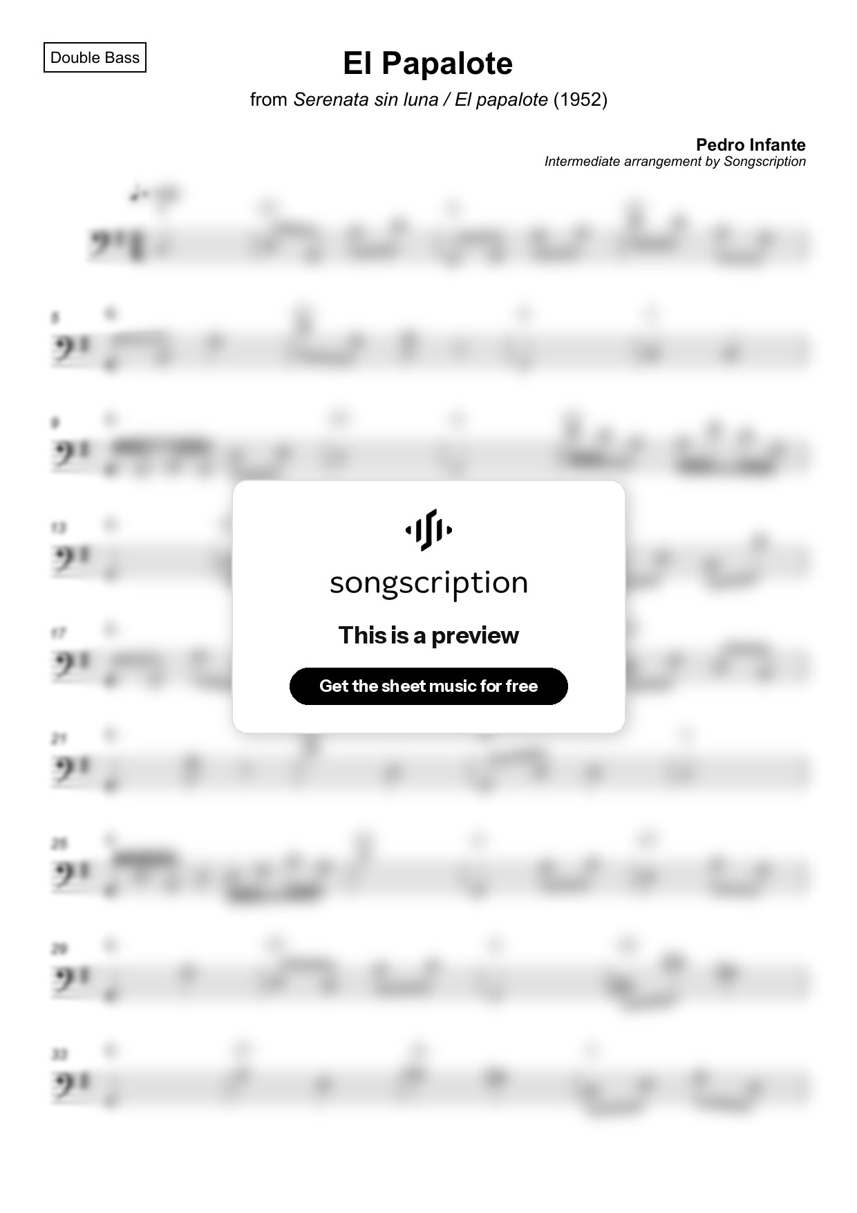 Intermediate Double Bass Sheet Music for "El Papalote" by Pedro Infante