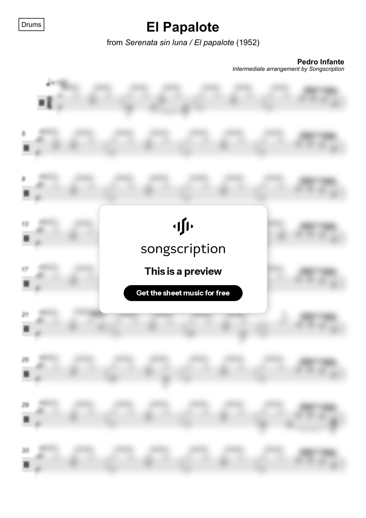 Intermediate Drums Sheet Music for "El Papalote" by Pedro Infante