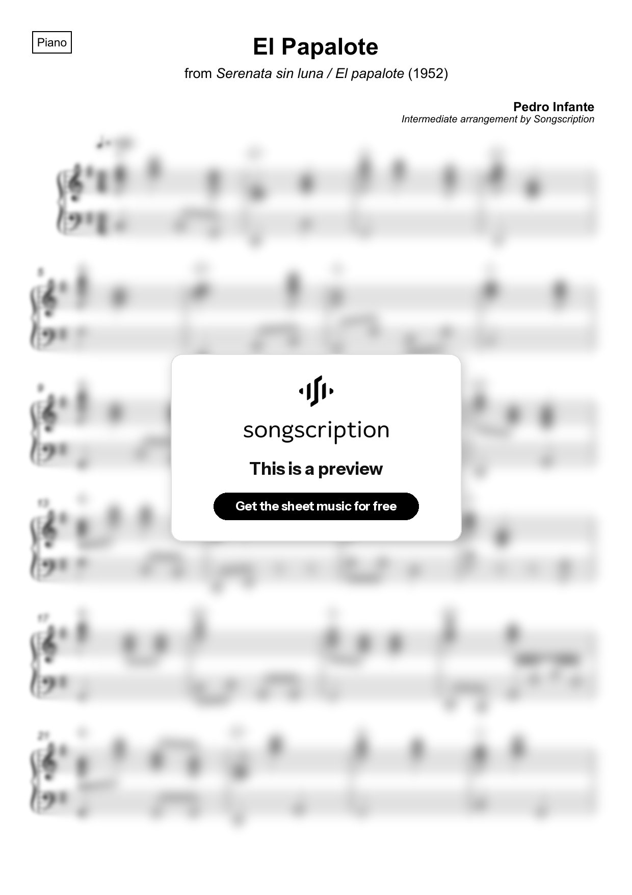 Intermediate Piano Sheet Music for "El Papalote" by Pedro Infante