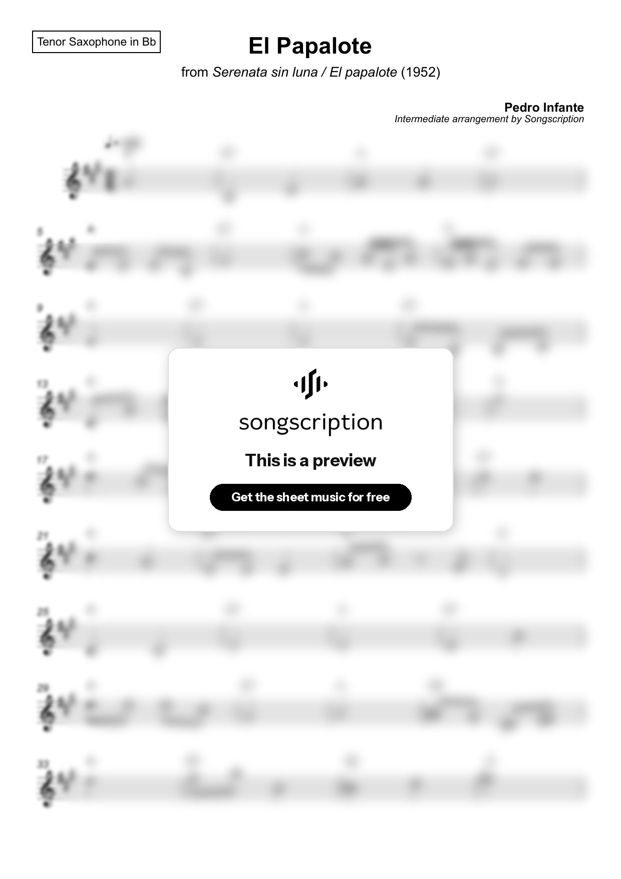 Intermediate Tenor Sax Sheet Music for "El Papalote" by Pedro Infante