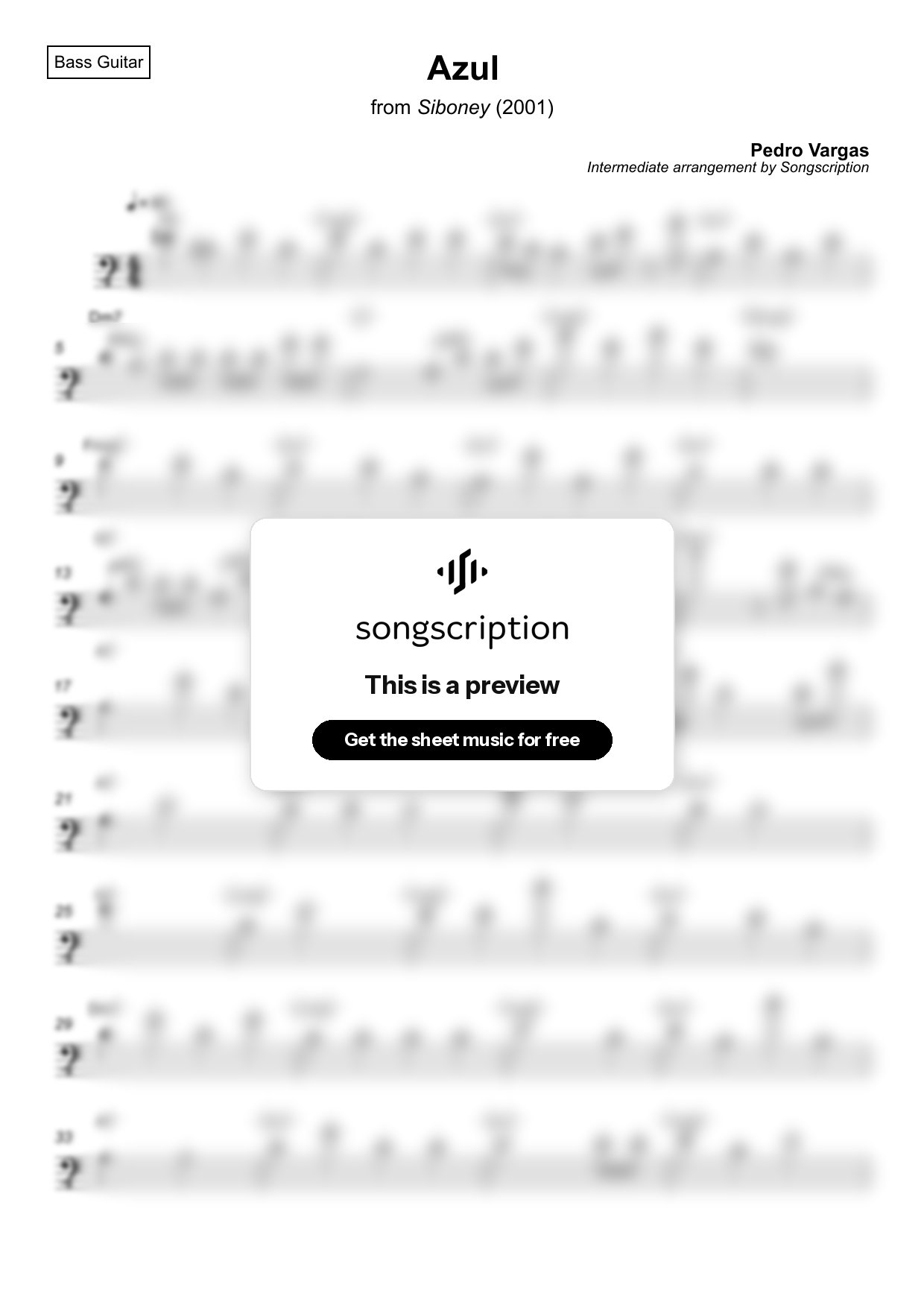 Intermediate Bass Guitar Sheet Music for "Azul" by Pedro Vargas
