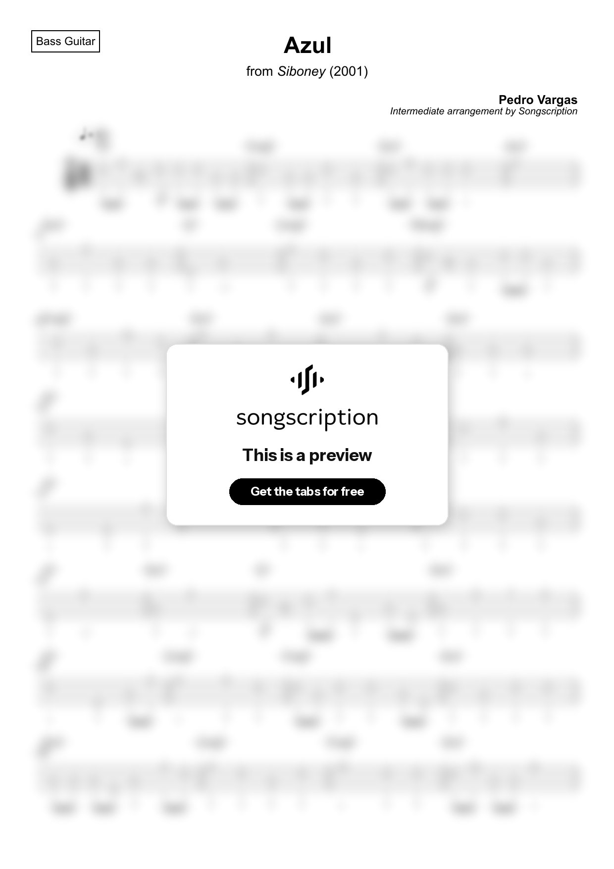 Intermediate Bass Guitar Tabs for "Azul" by Pedro Vargas