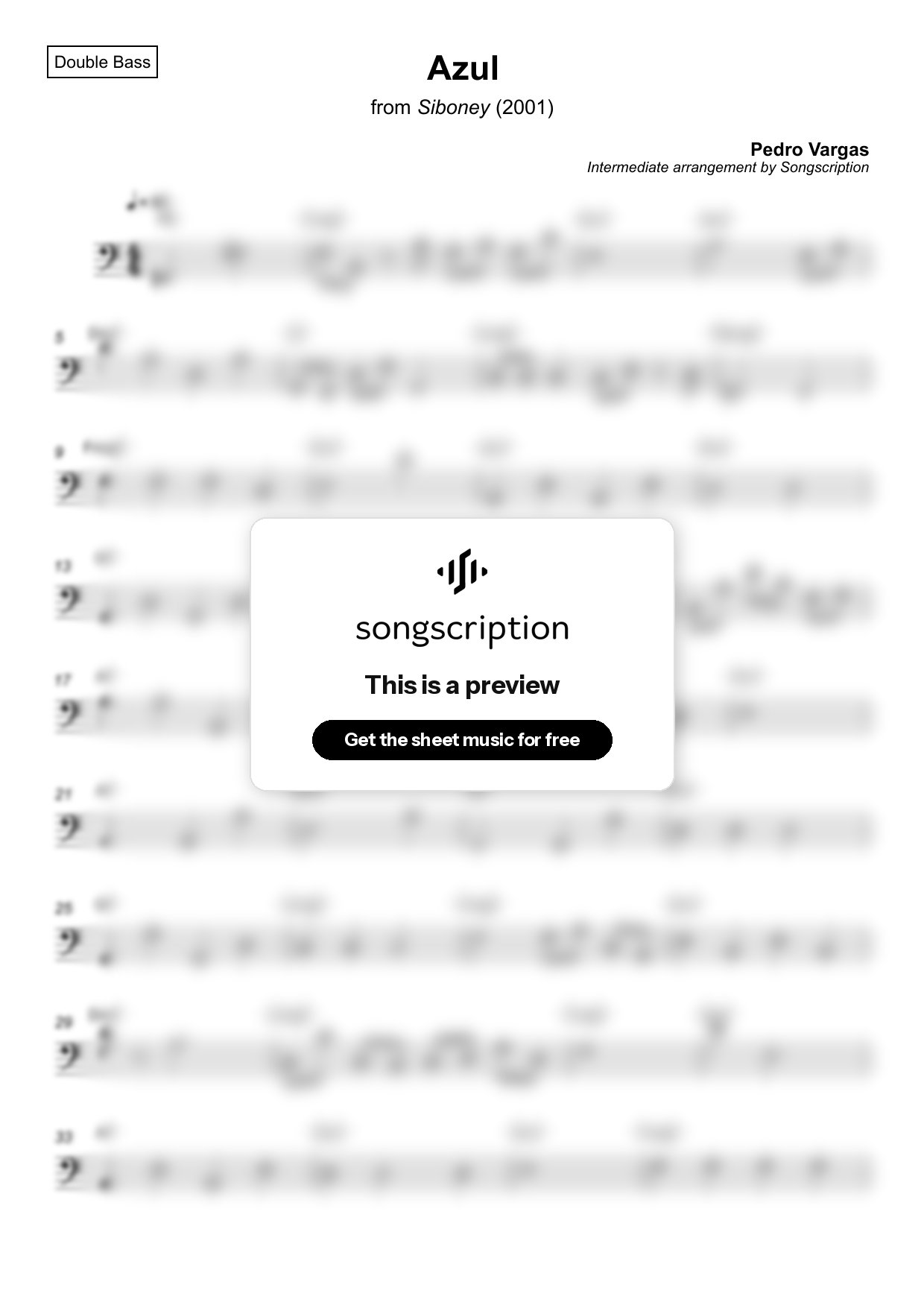 Intermediate Double Bass Sheet Music for "Azul" by Pedro Vargas