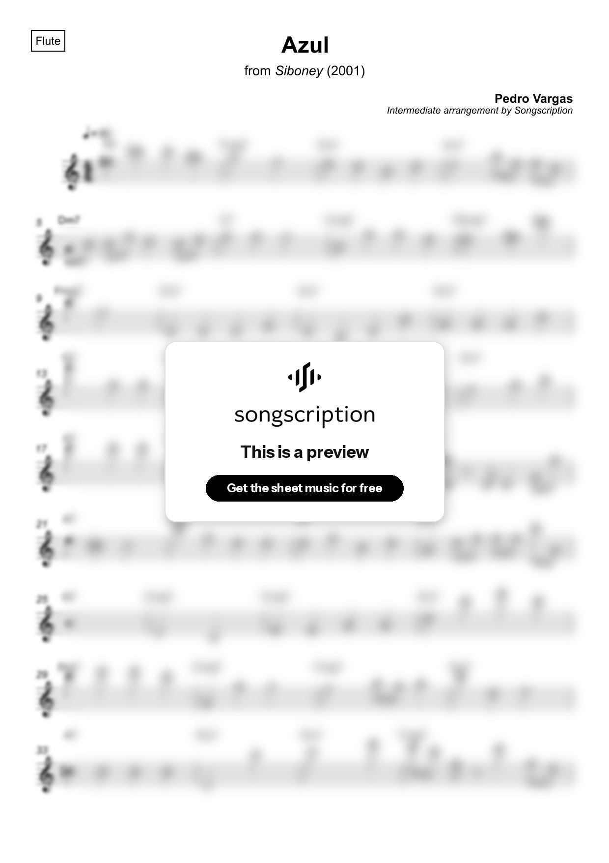 Intermediate Flute Sheet Music for "Azul" by Pedro Vargas