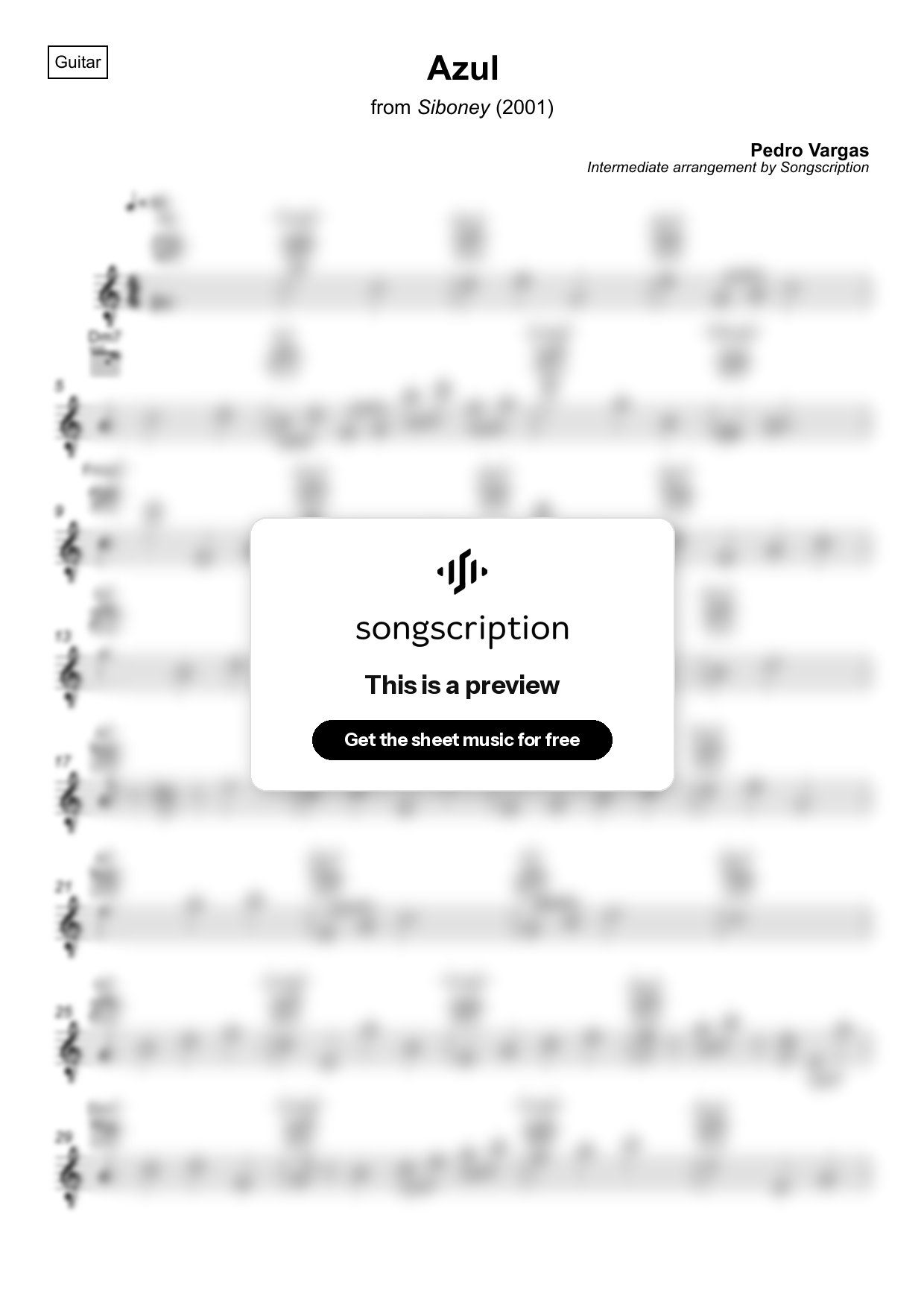 Intermediate Acoustic Guitar Sheet Music for "Azul" by Pedro Vargas