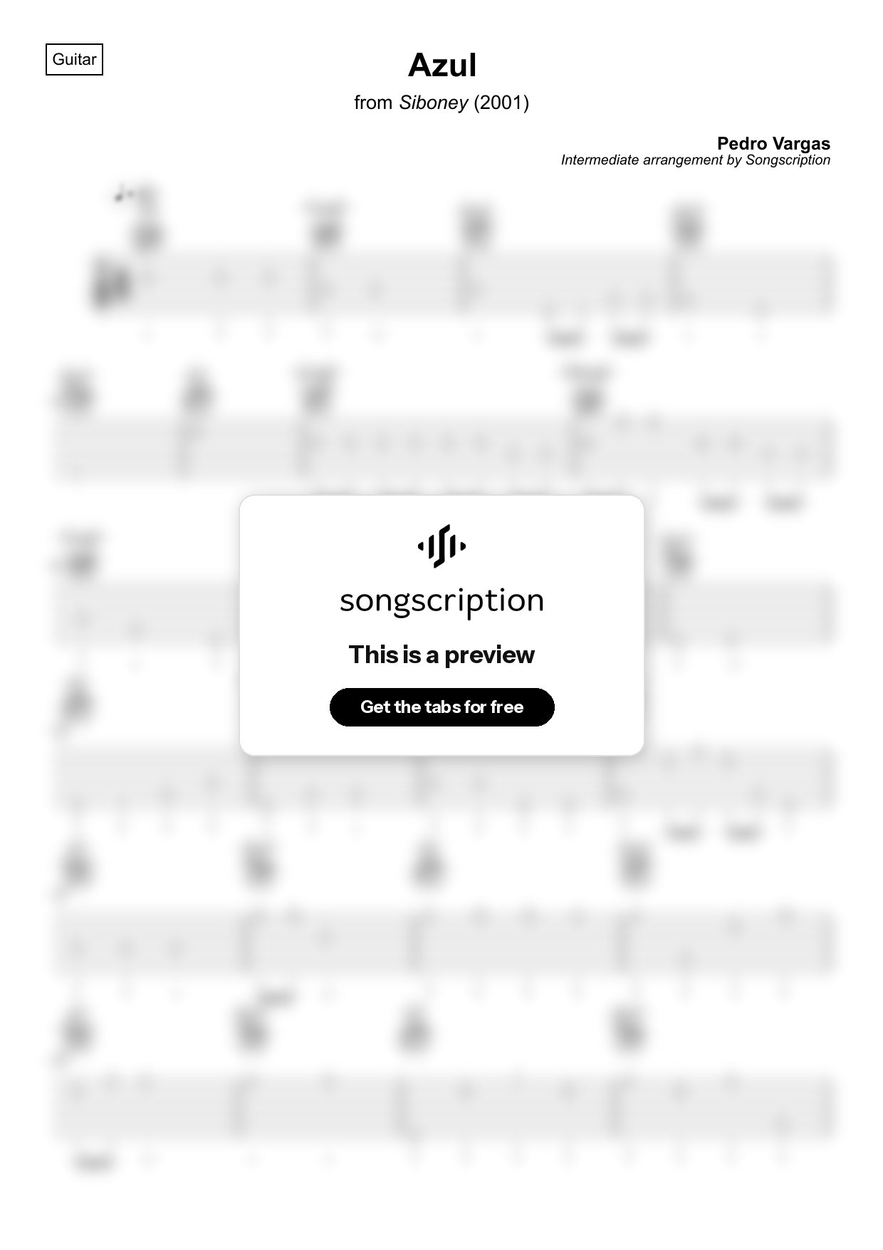 Intermediate Acoustic Guitar Tabs for "Azul" by Pedro Vargas