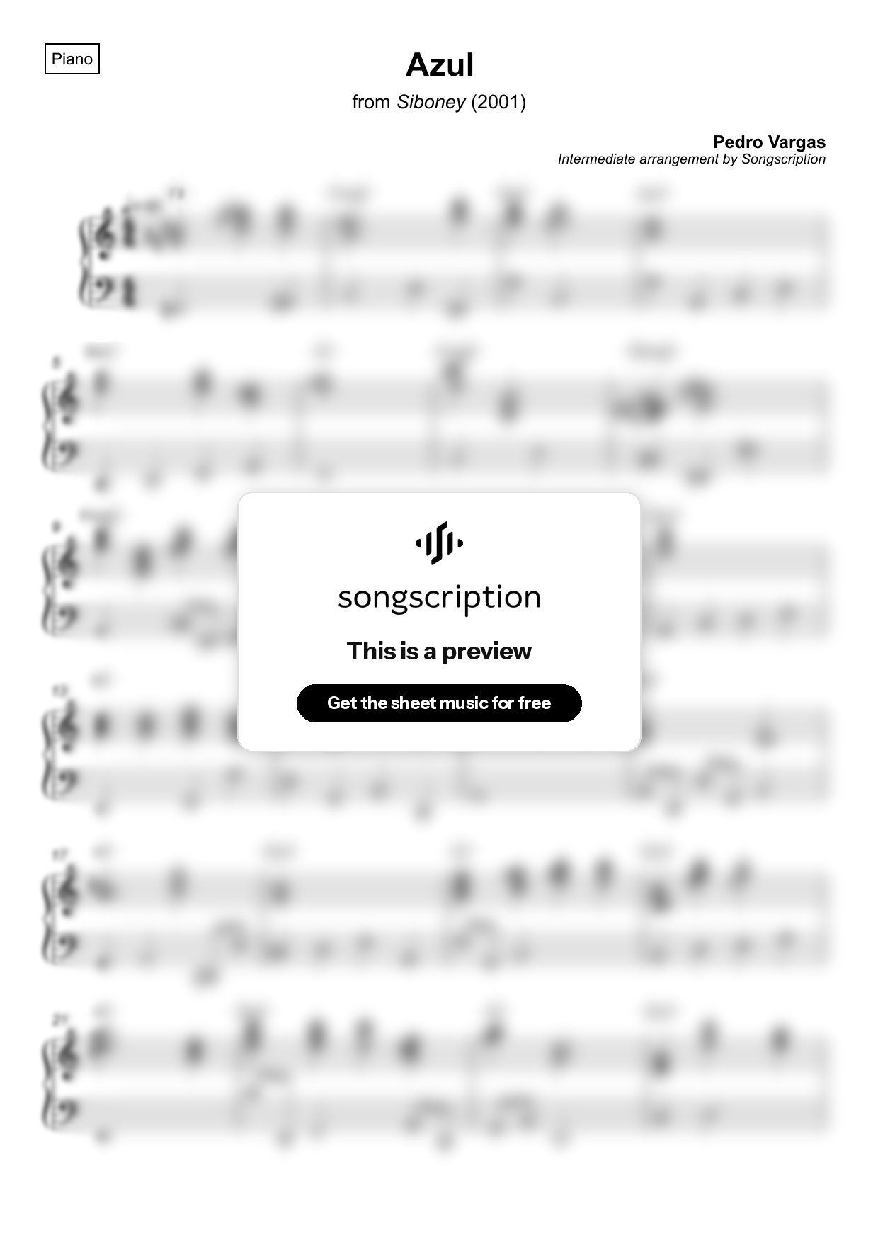 Intermediate Piano Sheet Music for "Azul" by Pedro Vargas