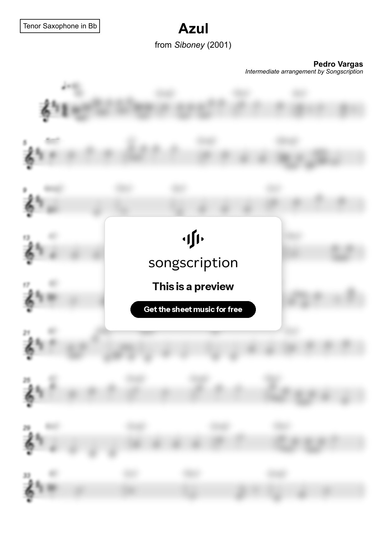 Intermediate Tenor Sax Sheet Music for "Azul" by Pedro Vargas