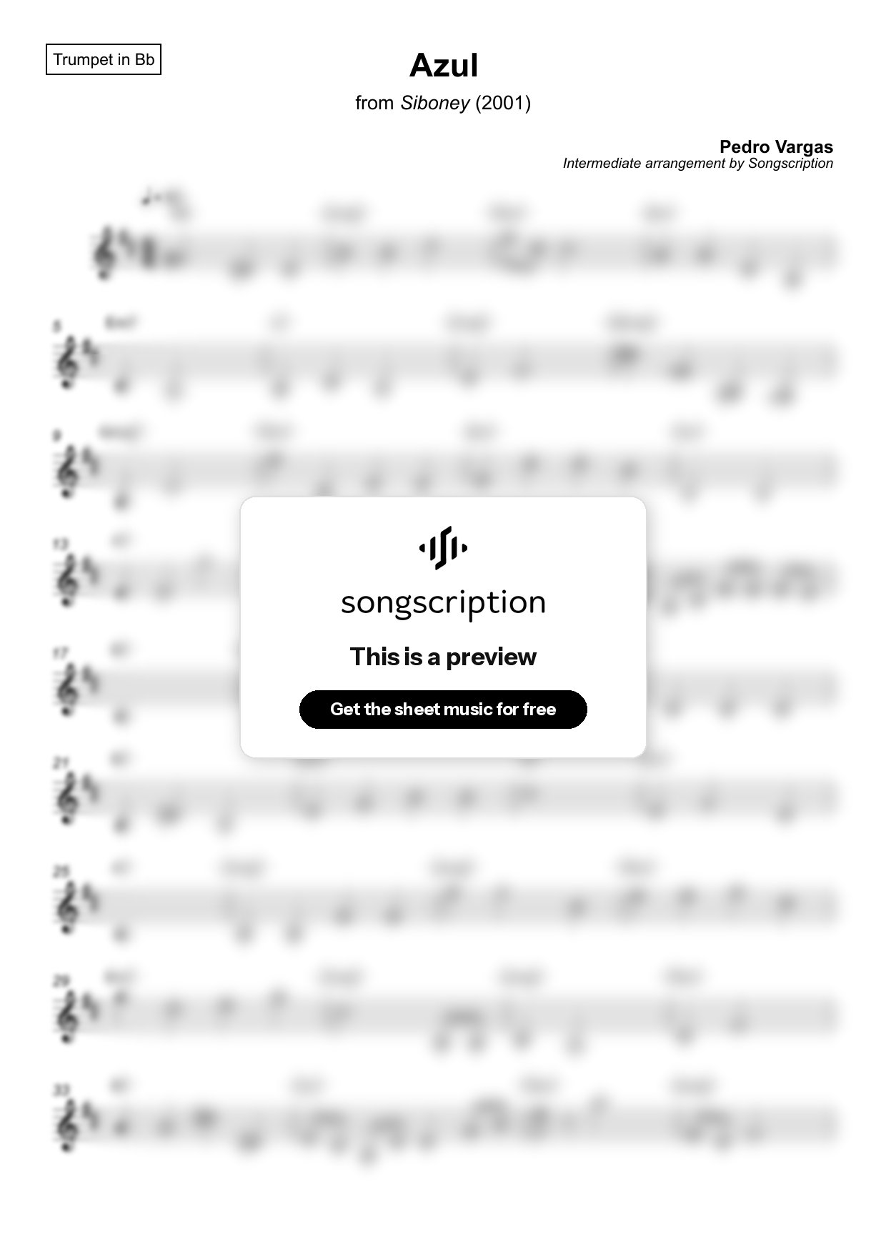 Intermediate Trumpet Sheet Music for "Azul" by Pedro Vargas
