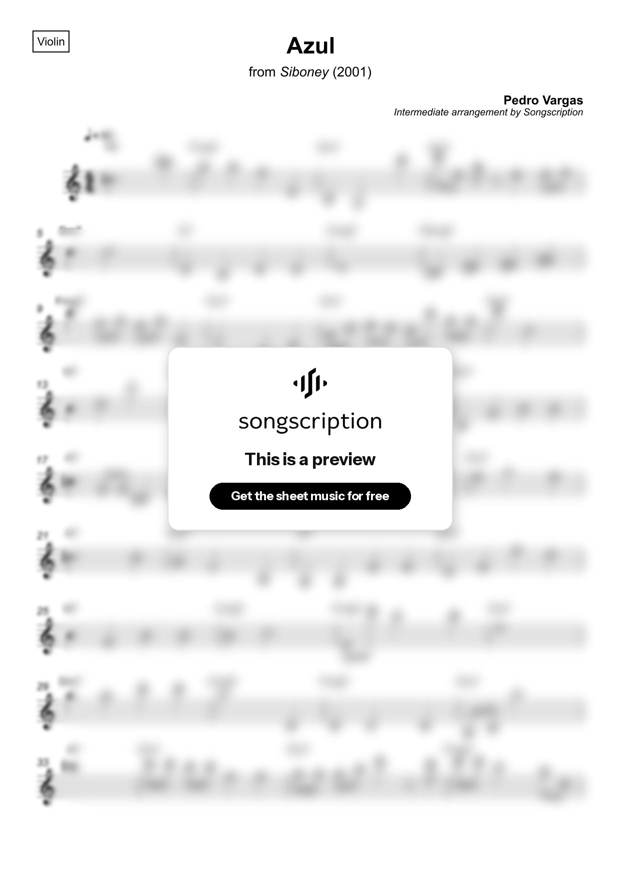 Intermediate Violin Sheet Music for "Azul" by Pedro Vargas