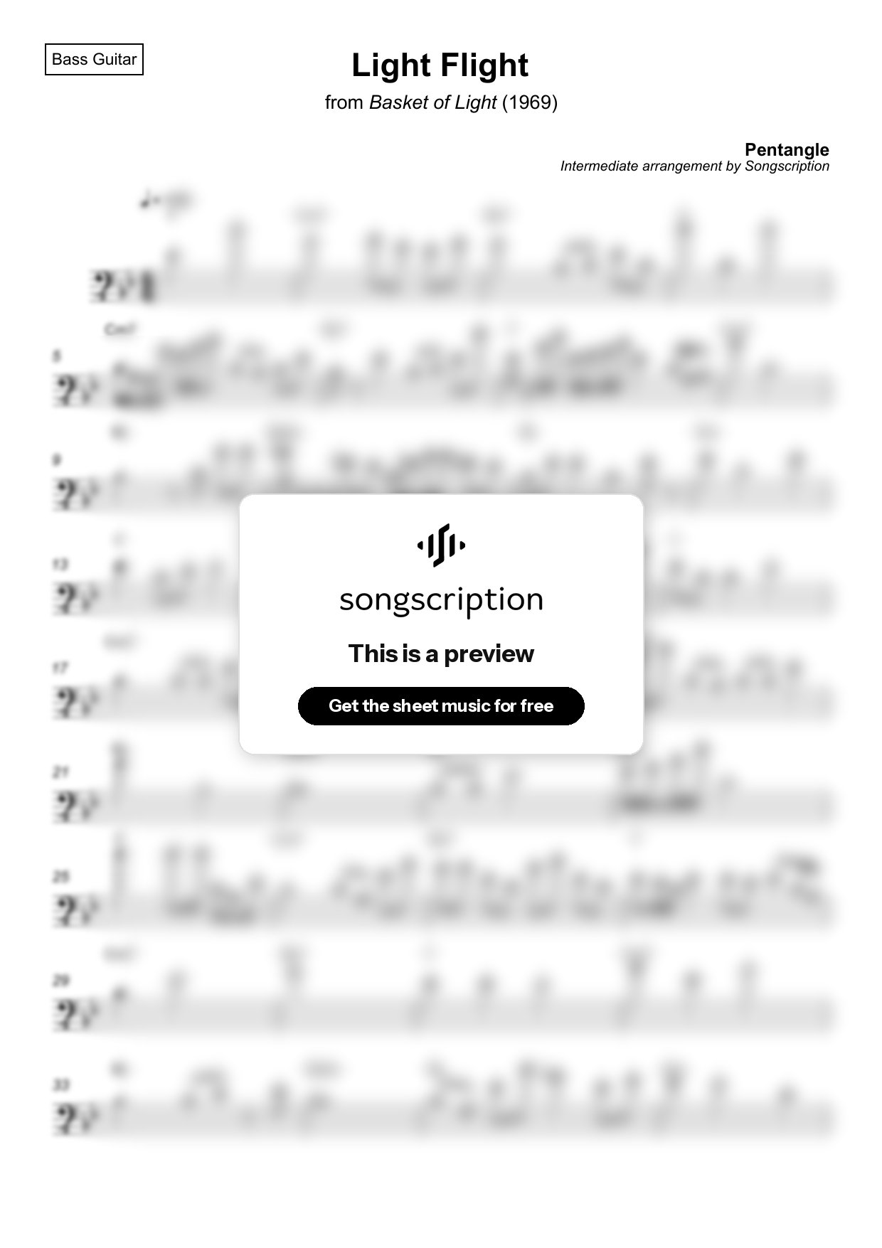 Intermediate Bass Guitar Sheet Music for "Light Flight" by Pentangle