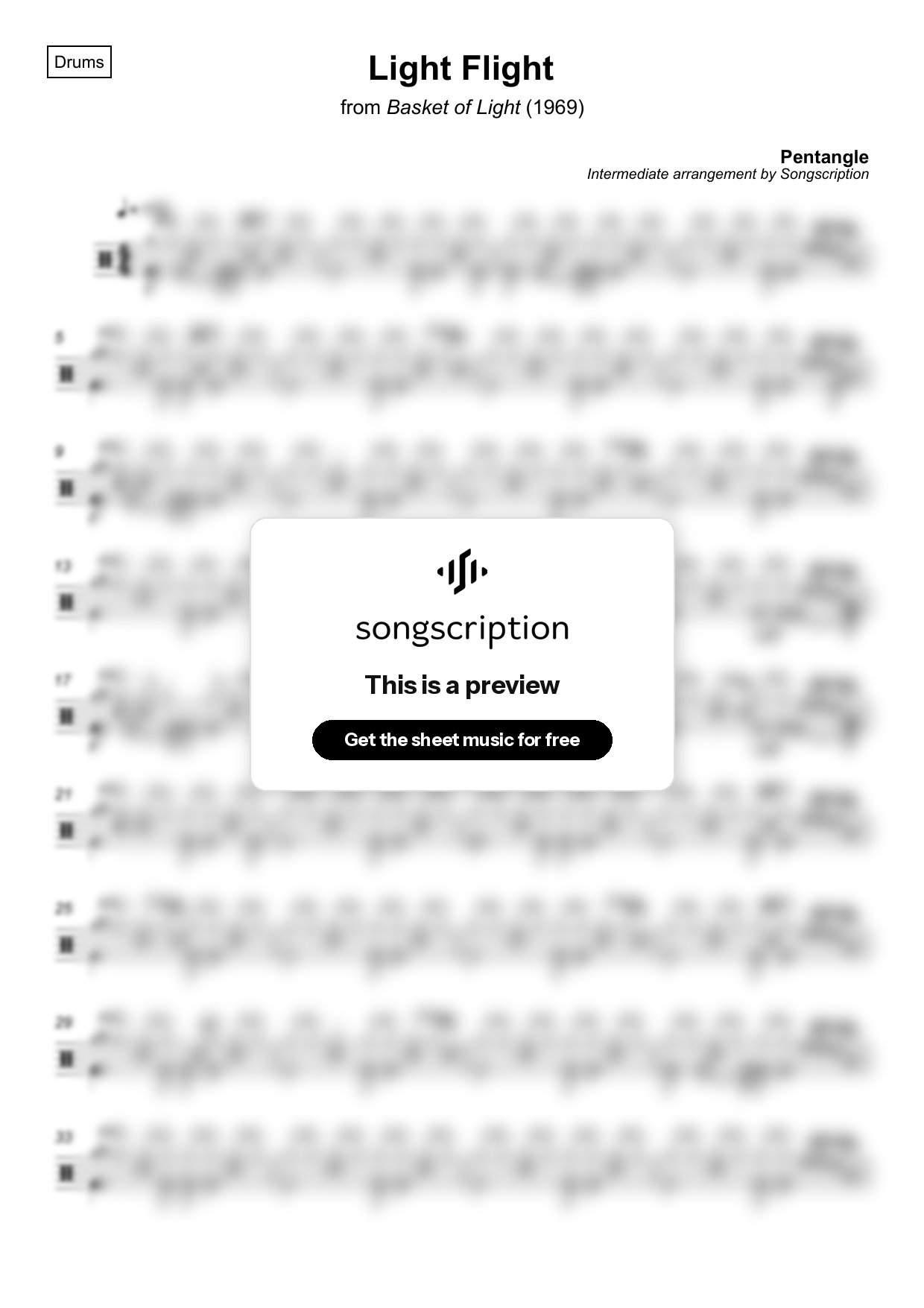 Intermediate Drums Sheet Music for "Light Flight" by Pentangle