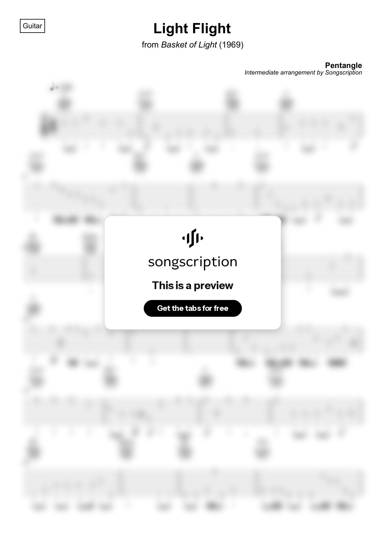 Intermediate Acoustic Guitar Tabs for "Light Flight" by Pentangle