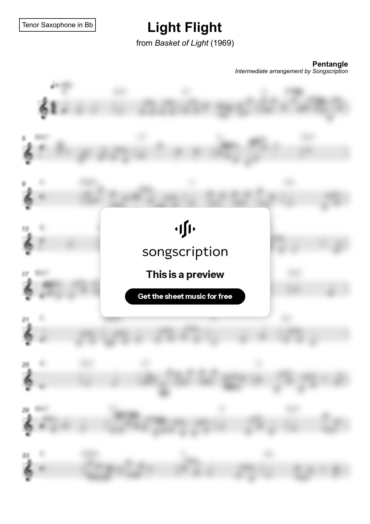 Intermediate Tenor Sax Sheet Music for "Light Flight" by Pentangle