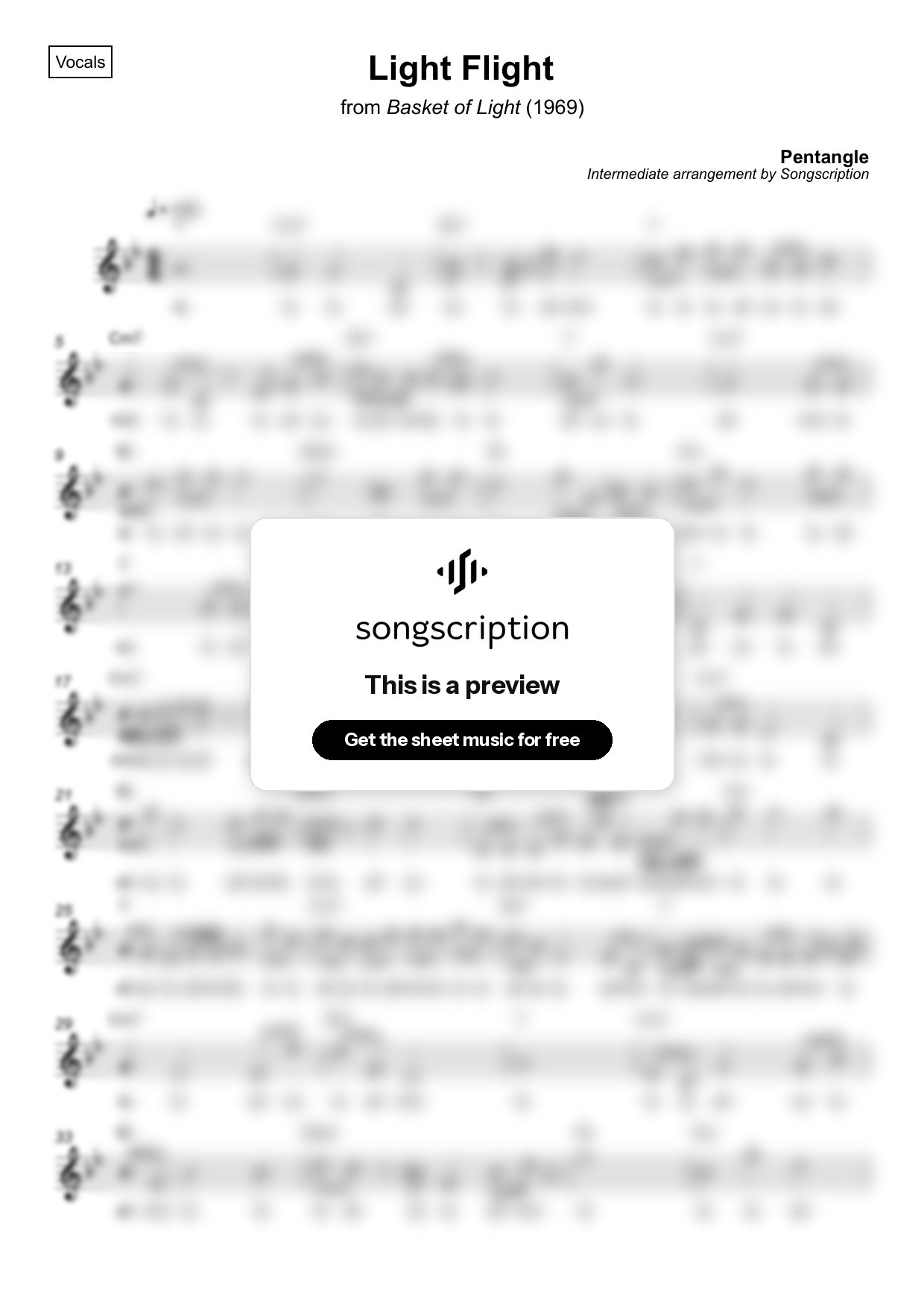 Intermediate Vocals Sheet Music for "Light Flight" by Pentangle