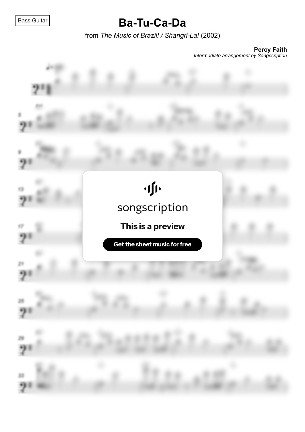 Intermediate Bass Guitar Sheet Music for "Ba-Tu-Ca-Da" by Percy Faith