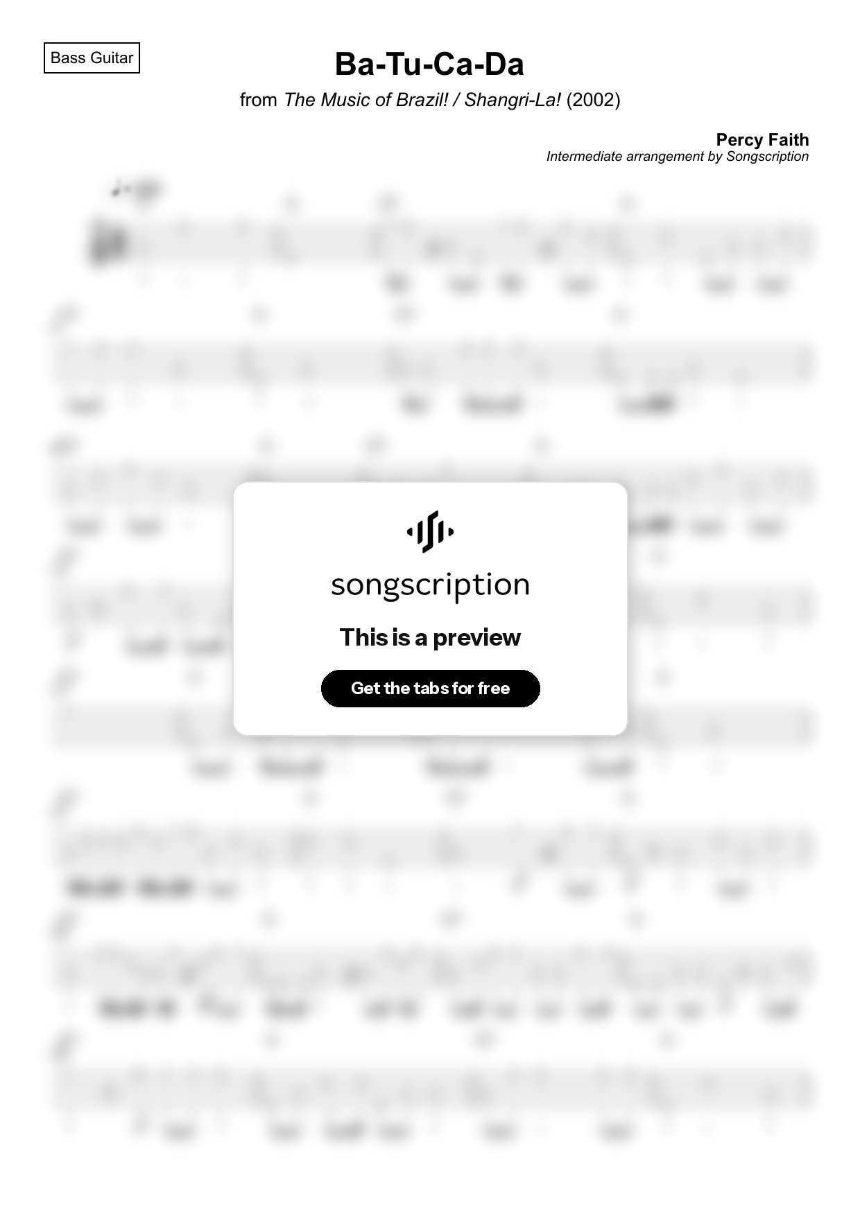 Intermediate Bass Guitar Tabs for "Ba-Tu-Ca-Da" by Percy Faith