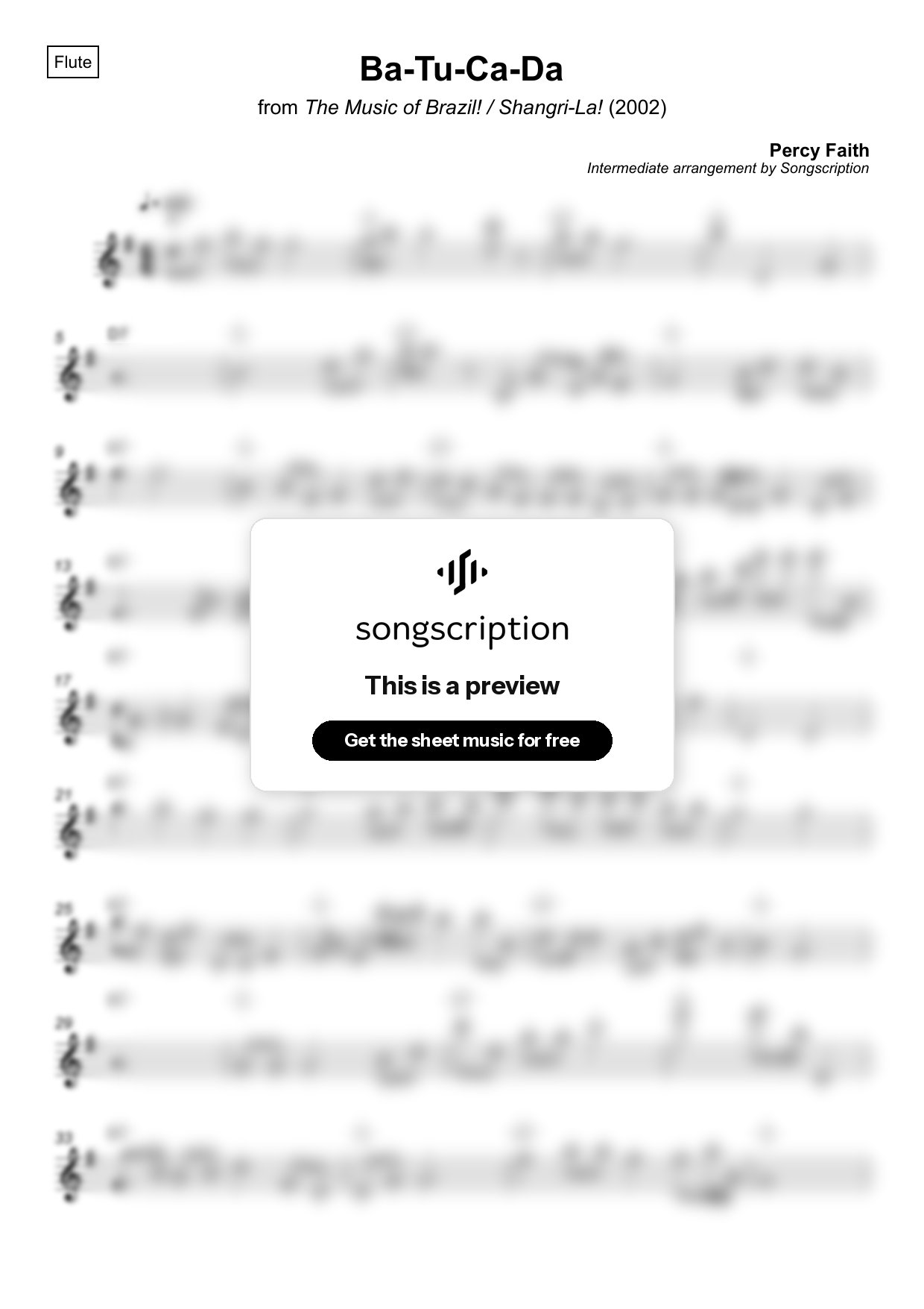 Intermediate Flute Sheet Music for "Ba-Tu-Ca-Da" by Percy Faith