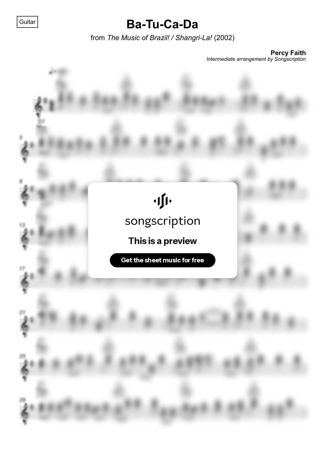Intermediate Acoustic Guitar Sheet Music for "Ba-Tu-Ca-Da" by Percy Faith