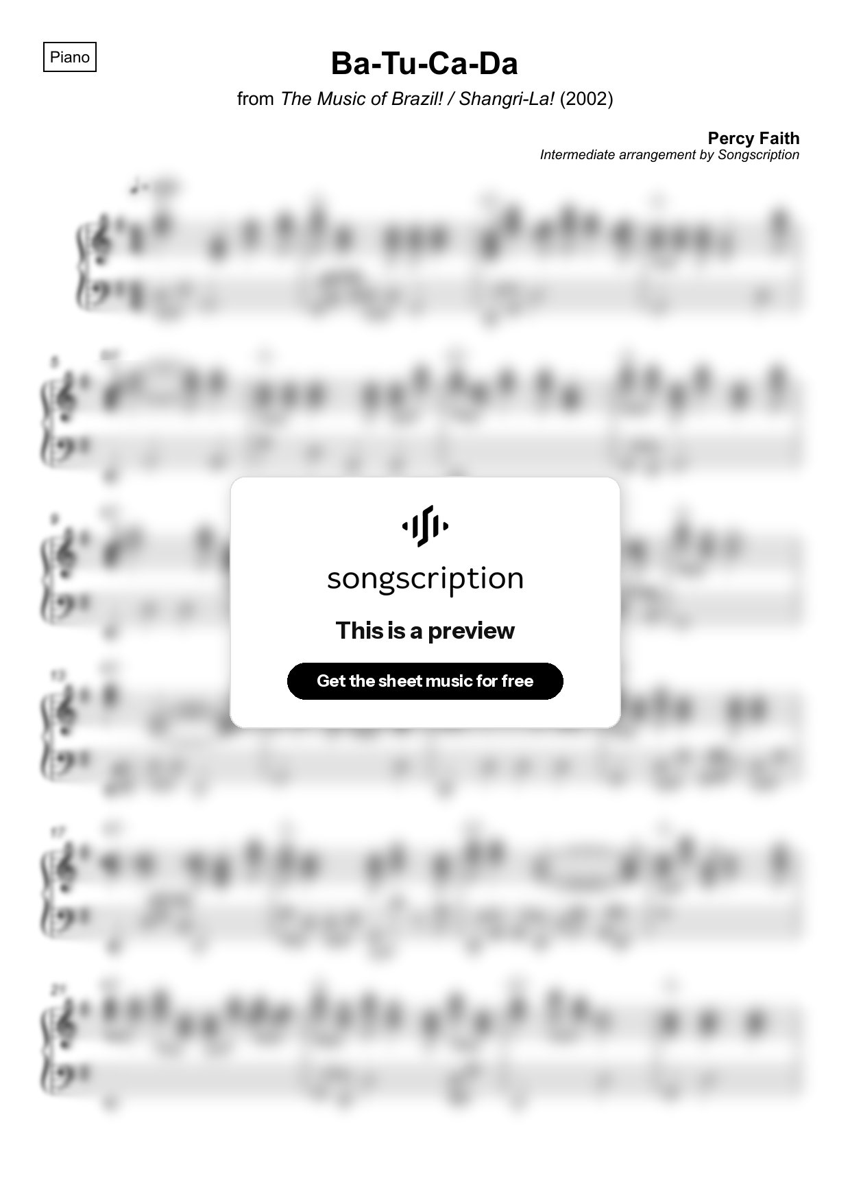 Intermediate Piano Sheet Music for "Ba-Tu-Ca-Da" by Percy Faith
