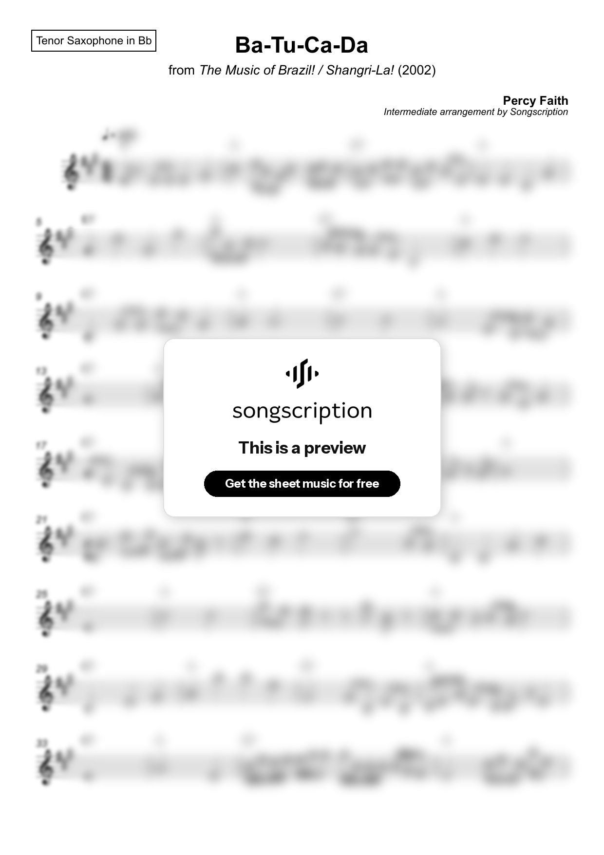 Intermediate Tenor Sax Sheet Music for "Ba-Tu-Ca-Da" by Percy Faith