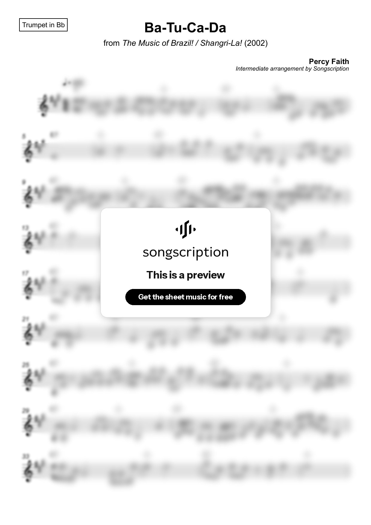 Intermediate Trumpet Sheet Music for "Ba-Tu-Ca-Da" by Percy Faith