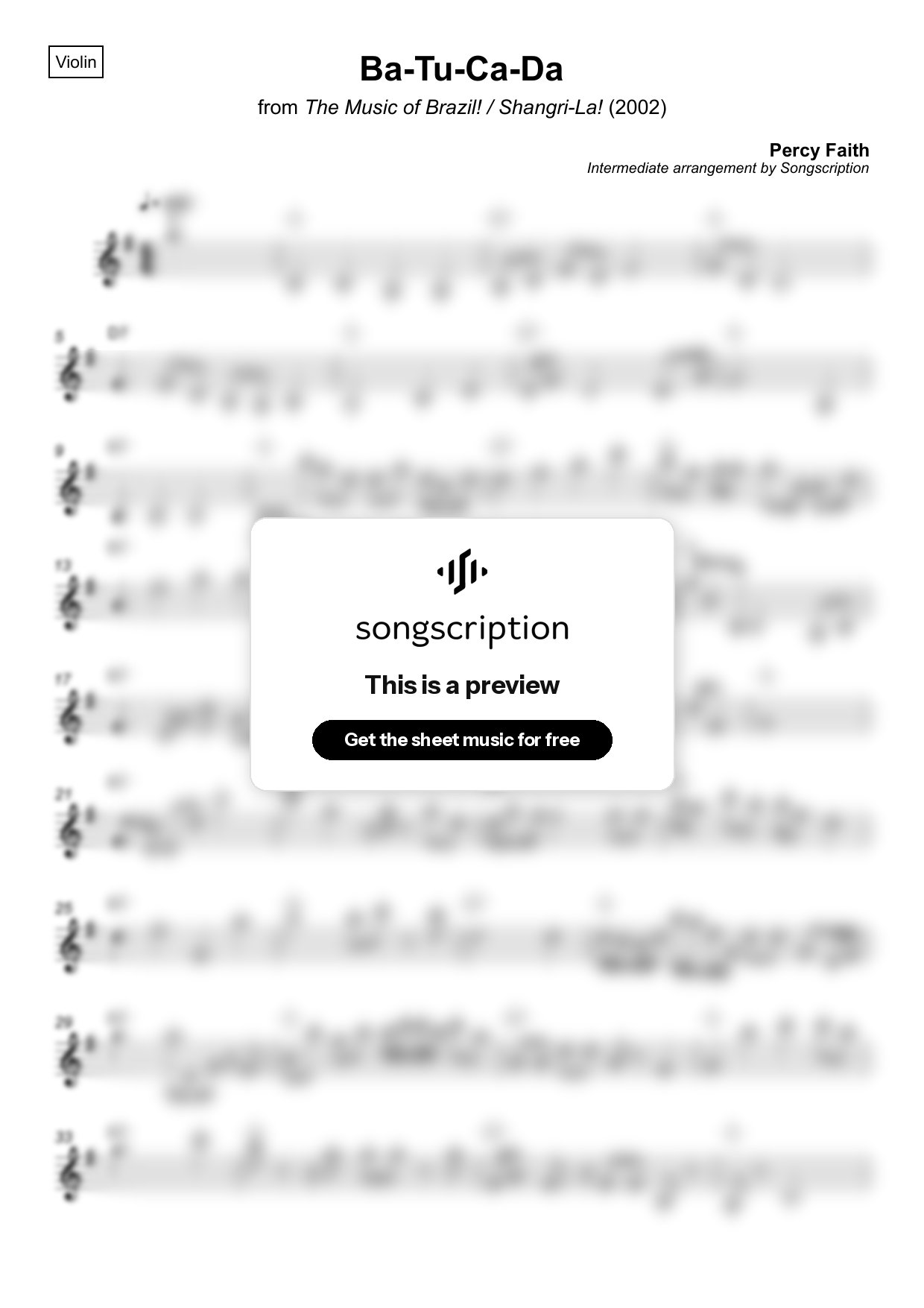 Intermediate Violin Sheet Music for "Ba-Tu-Ca-Da" by Percy Faith