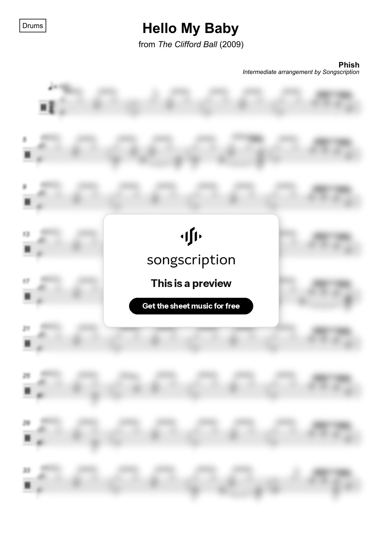 Intermediate Drums Sheet Music for "Hello My Baby" by Phish
