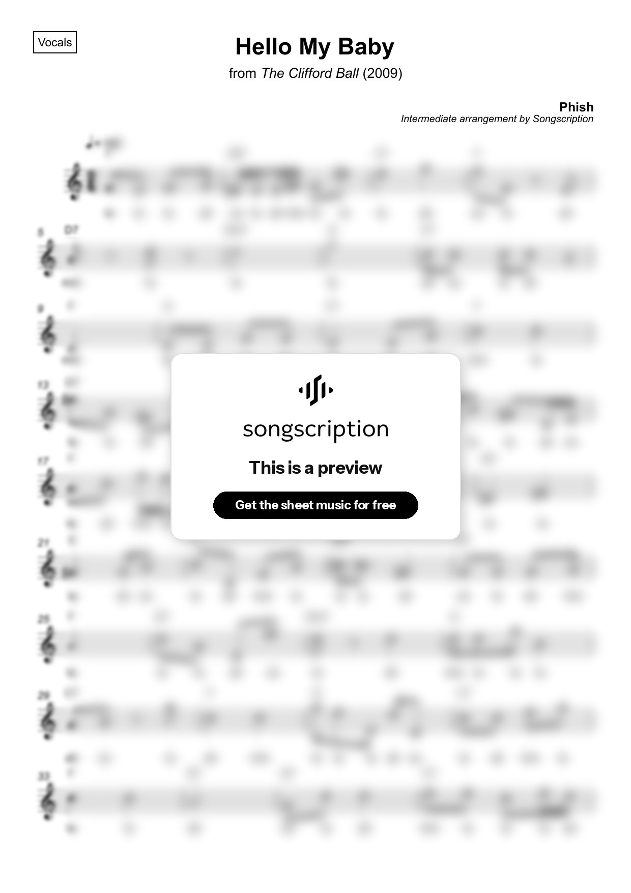 Intermediate Vocals Sheet Music for "Hello My Baby" by Phish