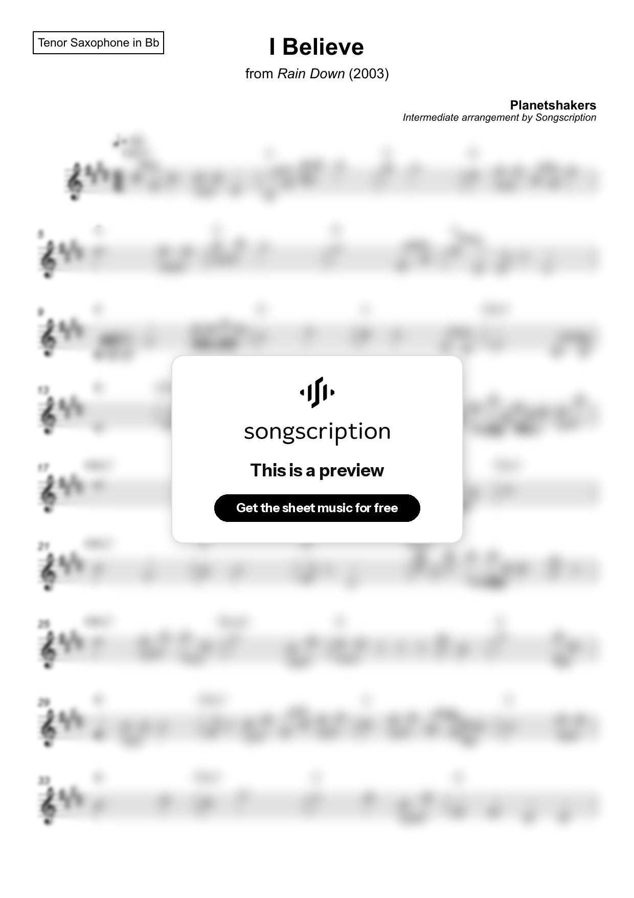 Intermediate Tenor Sax Sheet Music for "I Believe" by Planetshakers
