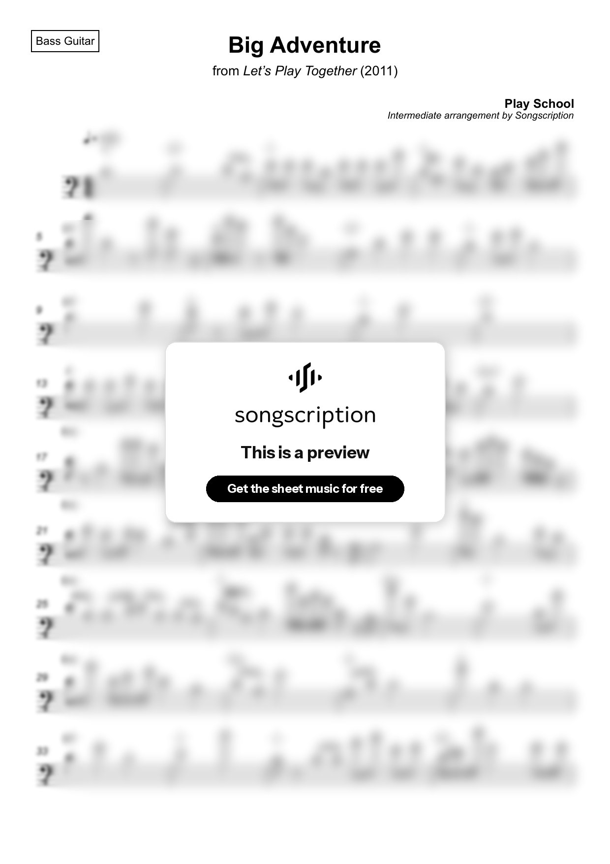 Intermediate Bass Guitar Sheet Music for "Big Adventure" by Play School