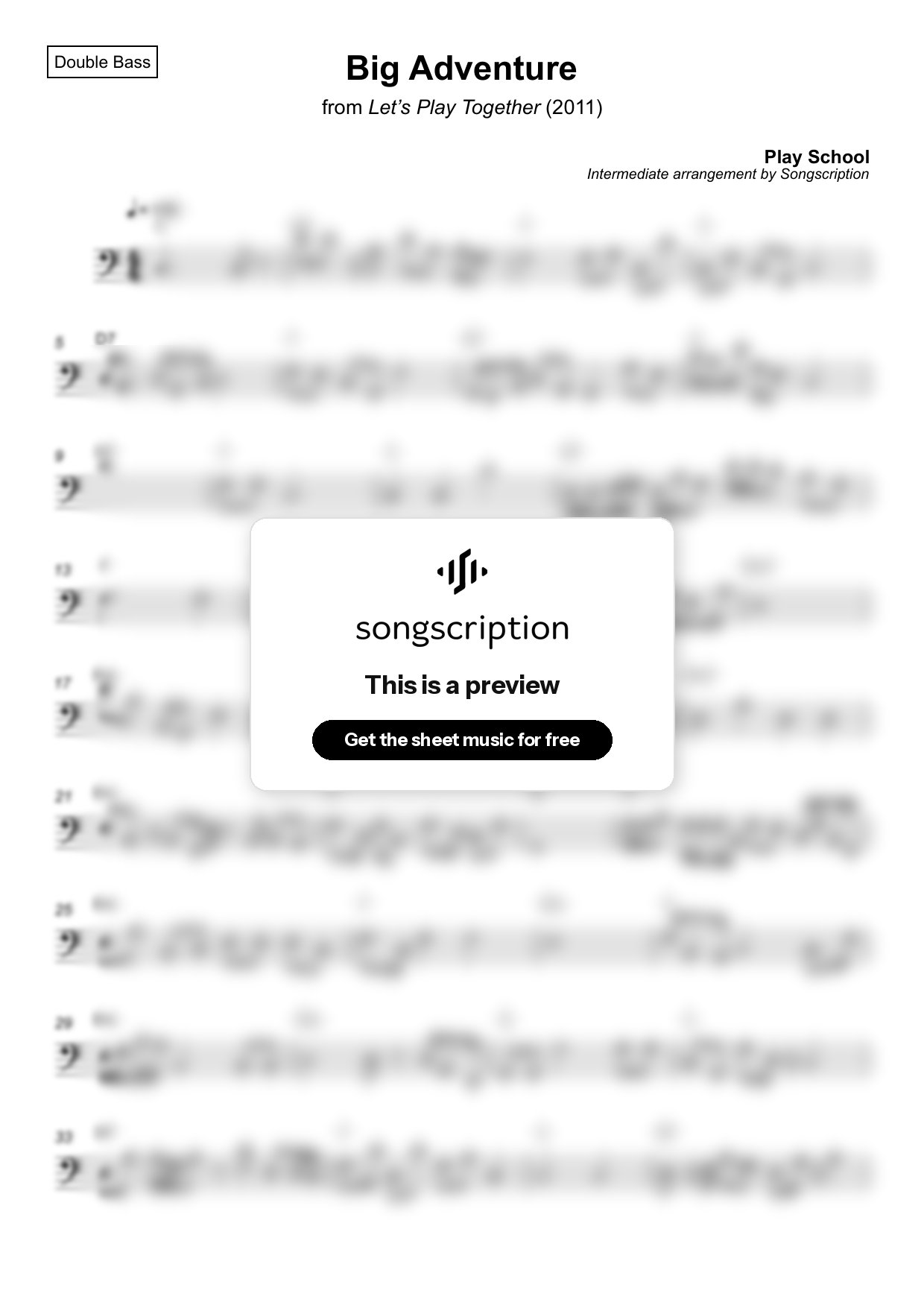 Intermediate Double Bass Sheet Music for "Big Adventure" by Play School