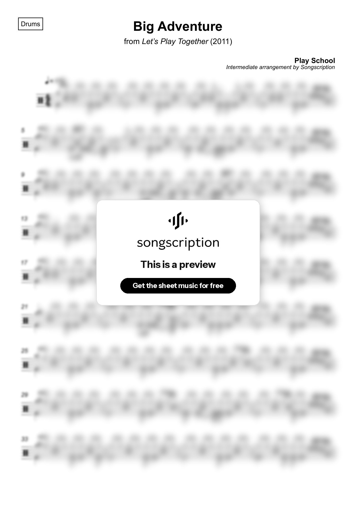 Intermediate Drums Sheet Music for "Big Adventure" by Play School