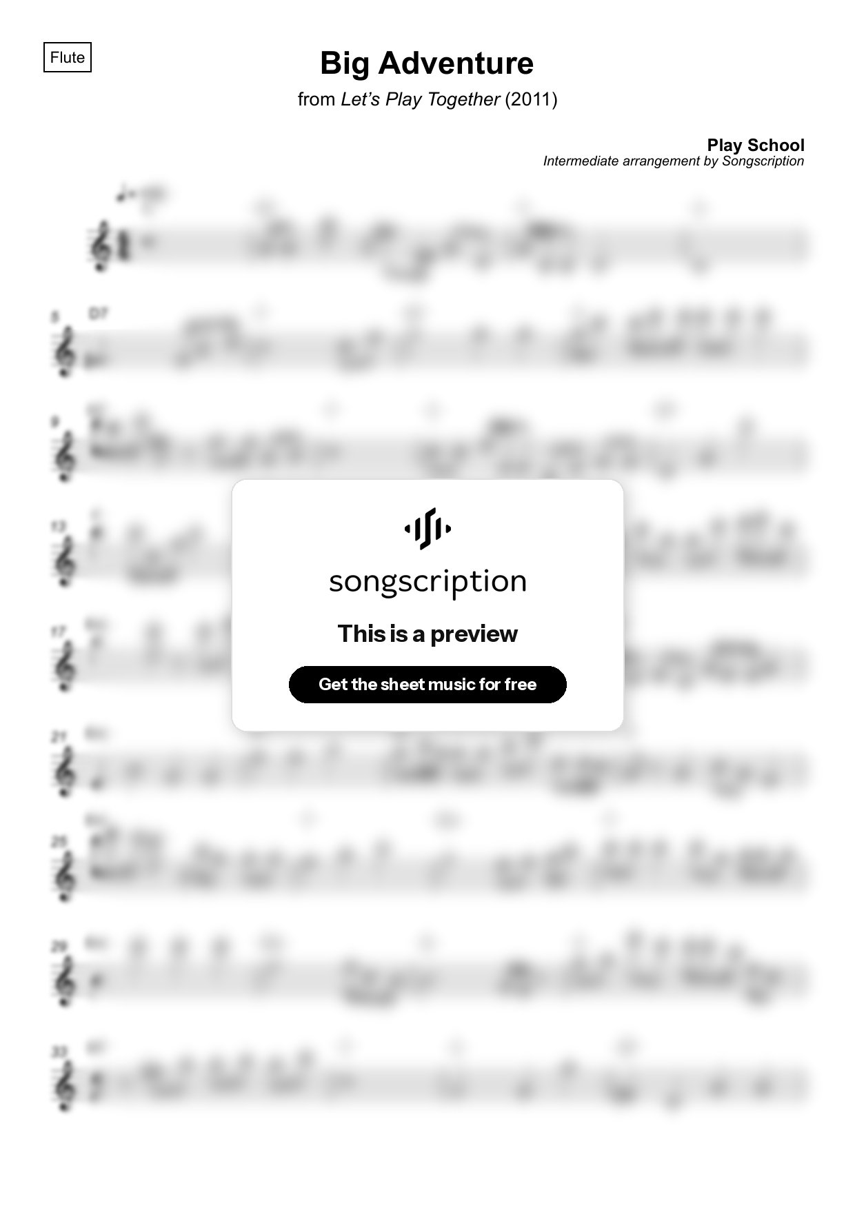 Intermediate Flute Sheet Music for "Big Adventure" by Play School