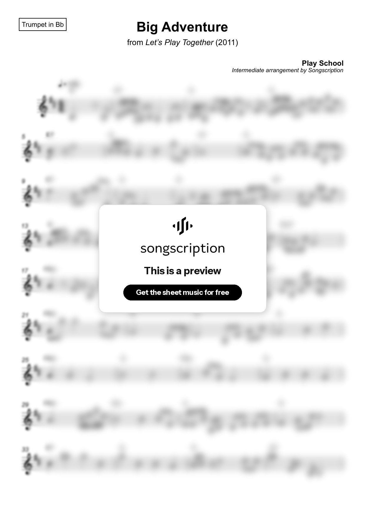 Intermediate Trumpet Sheet Music for "Big Adventure" by Play School