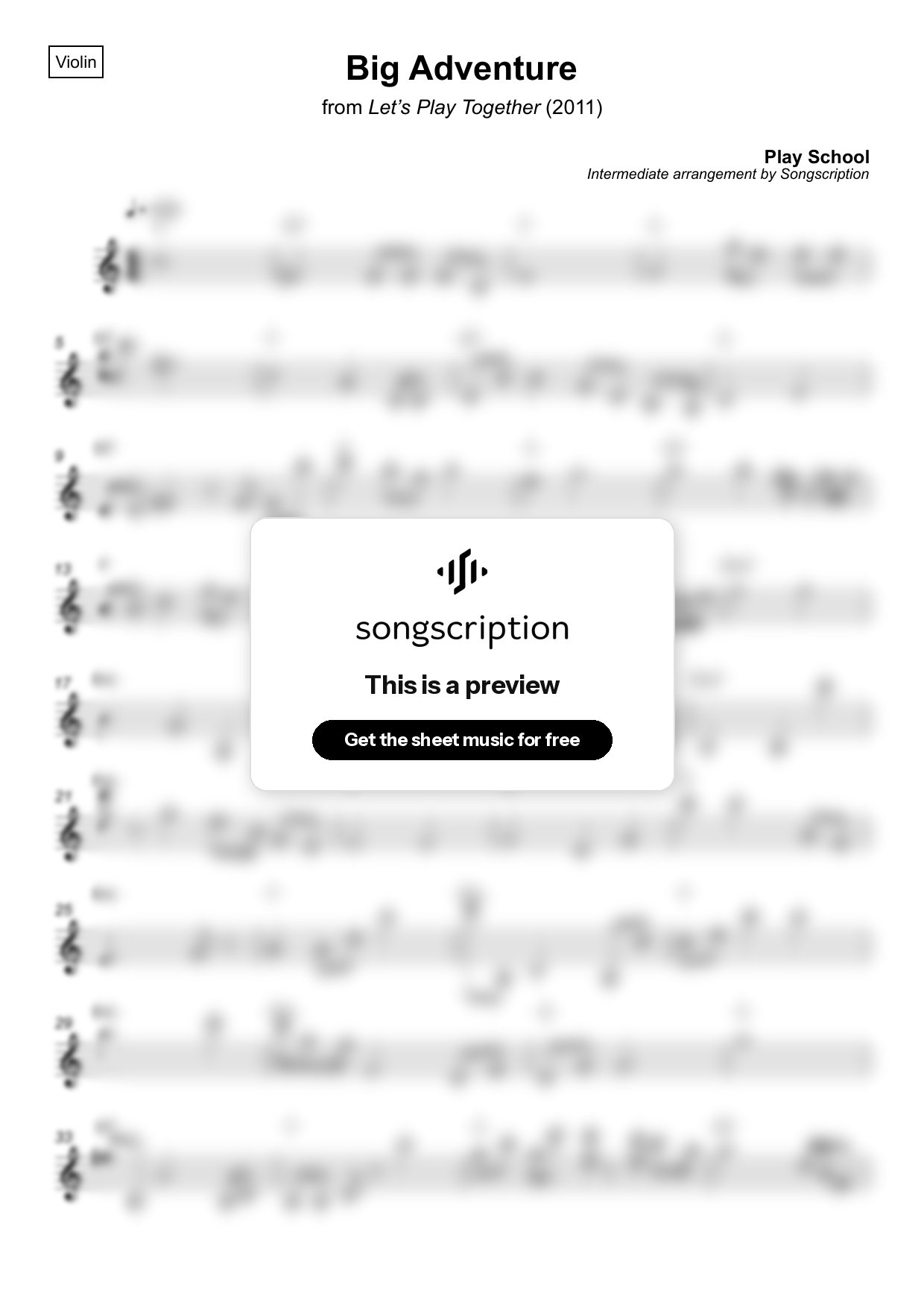 Intermediate Violin Sheet Music for "Big Adventure" by Play School